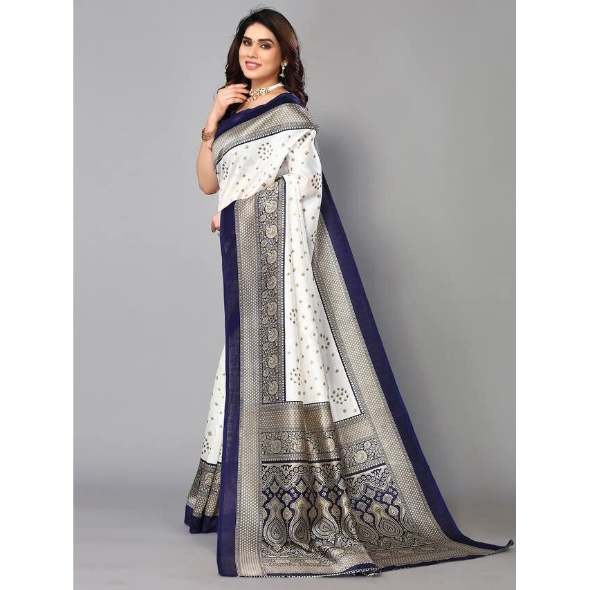 Satrani Womens Silk Blend Saree (2952S2082NC_Navy Blue & Beige & White)
