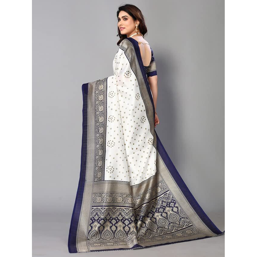 Satrani Womens Silk Blend Saree (2952S2082NC_Navy Blue & Beige & White)