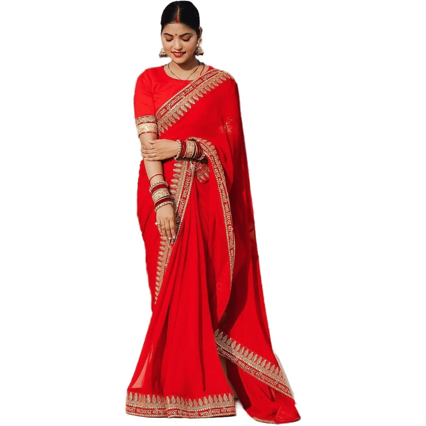 Sidhidata Textile Womens Lace Bordered Georgette Saree With Unstitched Blouse Piece (karwa Chauth_Red_Free Size)