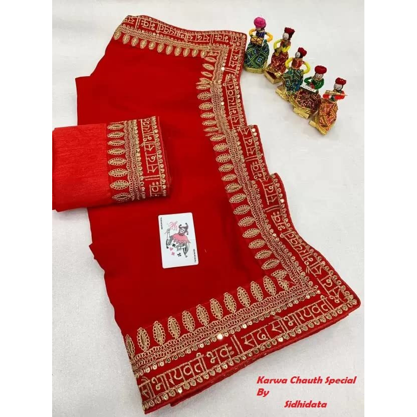Sidhidata Textile Womens Lace Bordered Georgette Saree With Unstitched Blouse Piece (karwa Chauth_Red_Free Size)