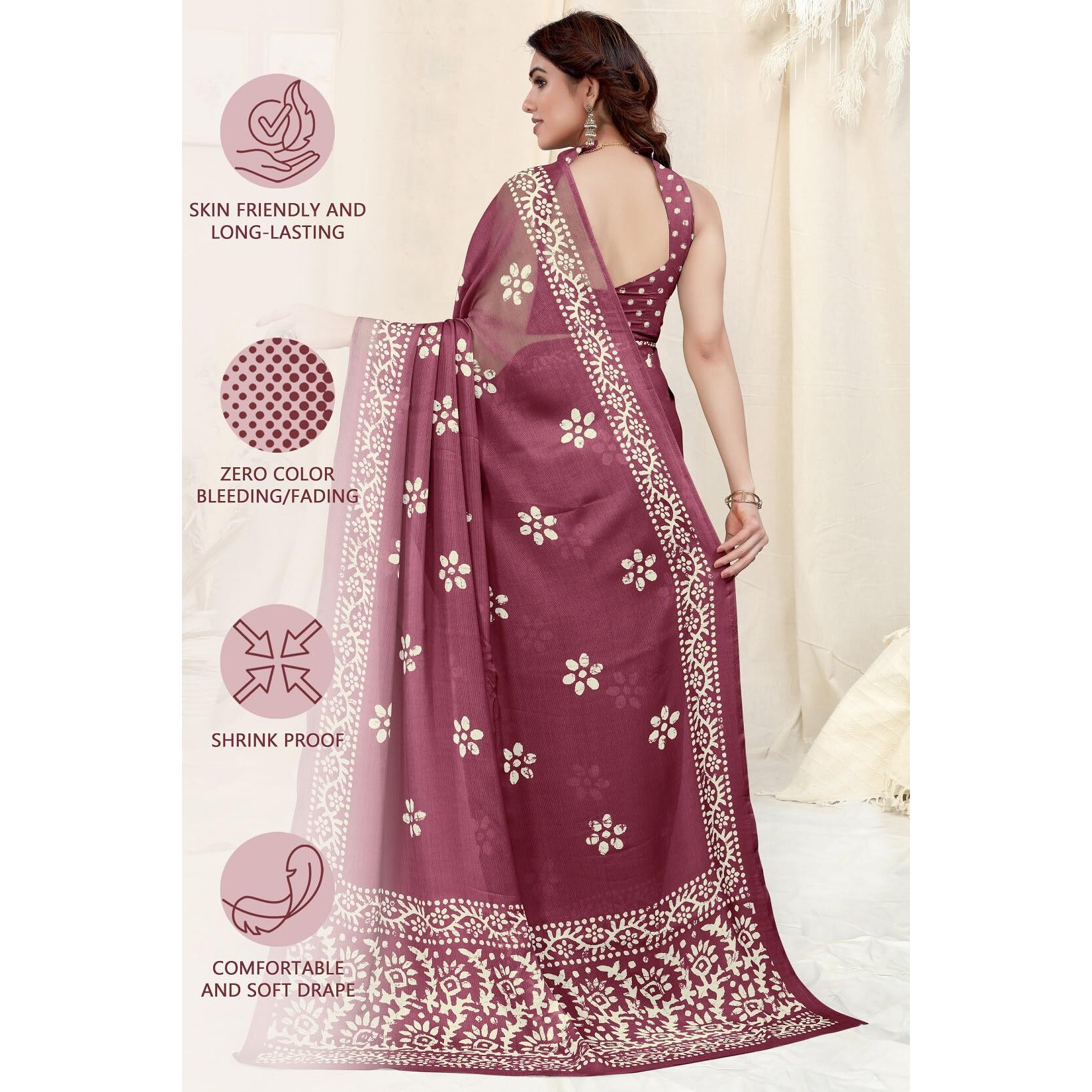 RAJESHWAR FASHION WITH RF Womens Batik Printed Chinon Silk Saree For Women With Blouse(Winee_Free Size 6.30)