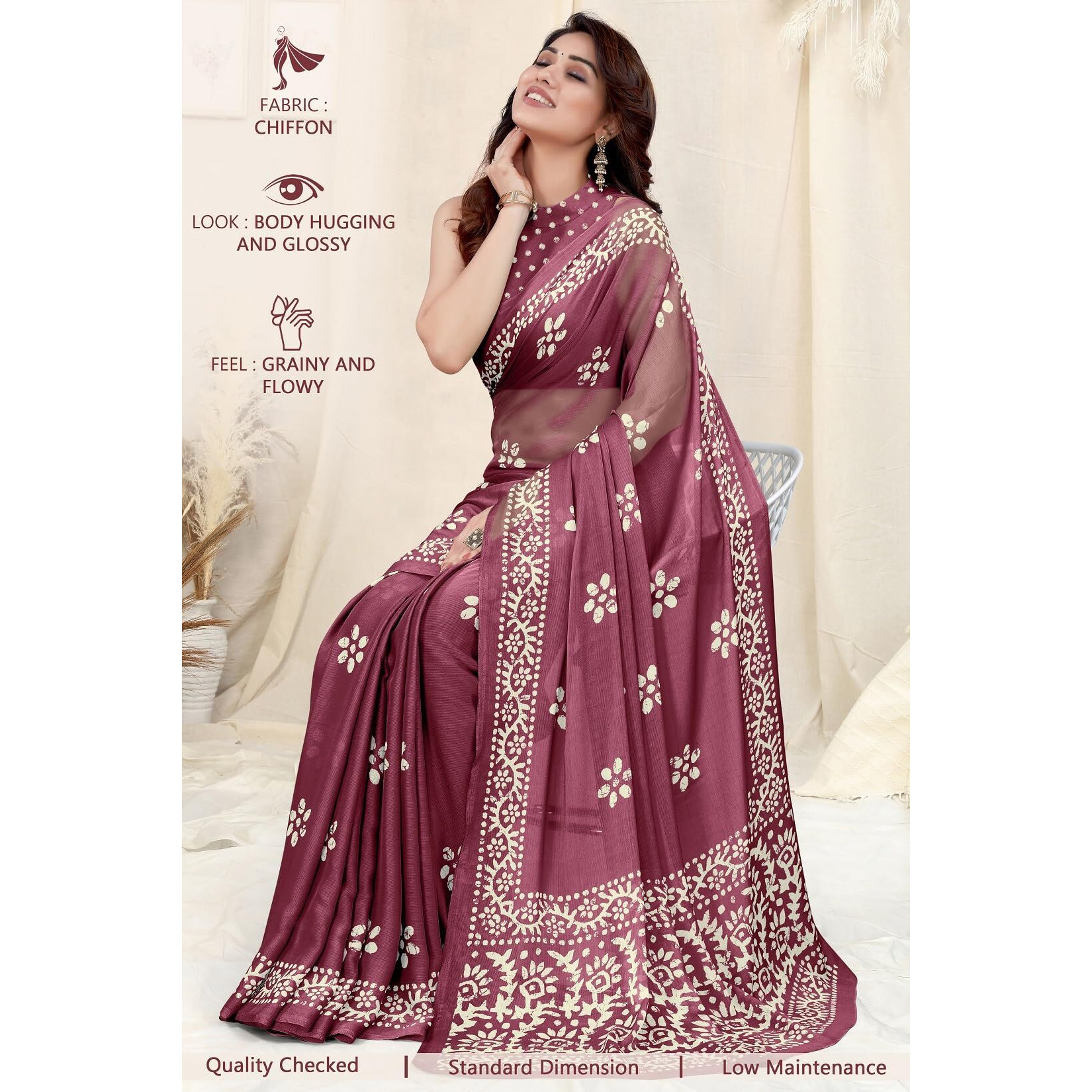 RAJESHWAR FASHION WITH RF Womens Batik Printed Chinon Silk Saree For Women With Blouse(Winee_Free Size 6.30)