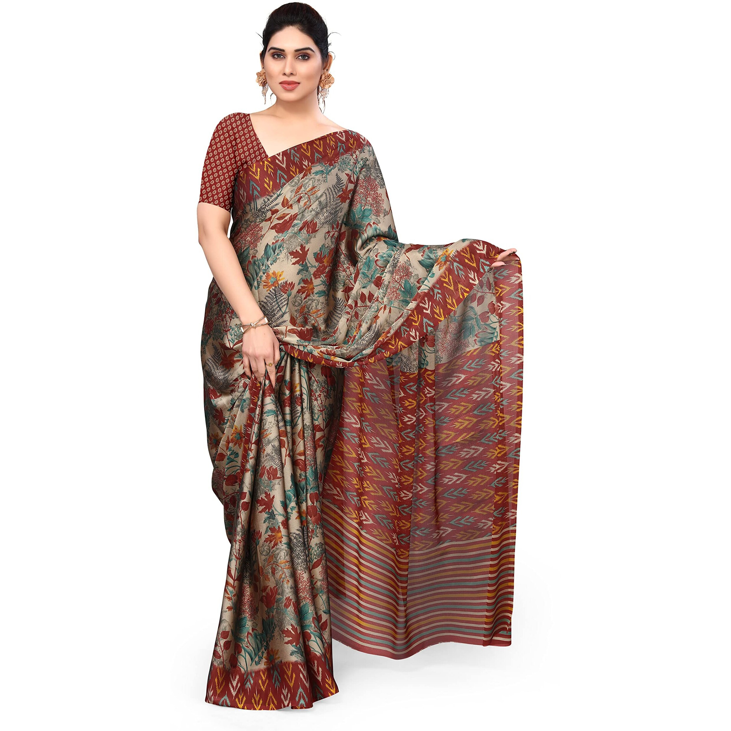 MIRCHI FASHION Womens Plain Weave Chiffon Leaf and Blocks Printed Saree with Blouse Piece (38321-Beige, Maroon)