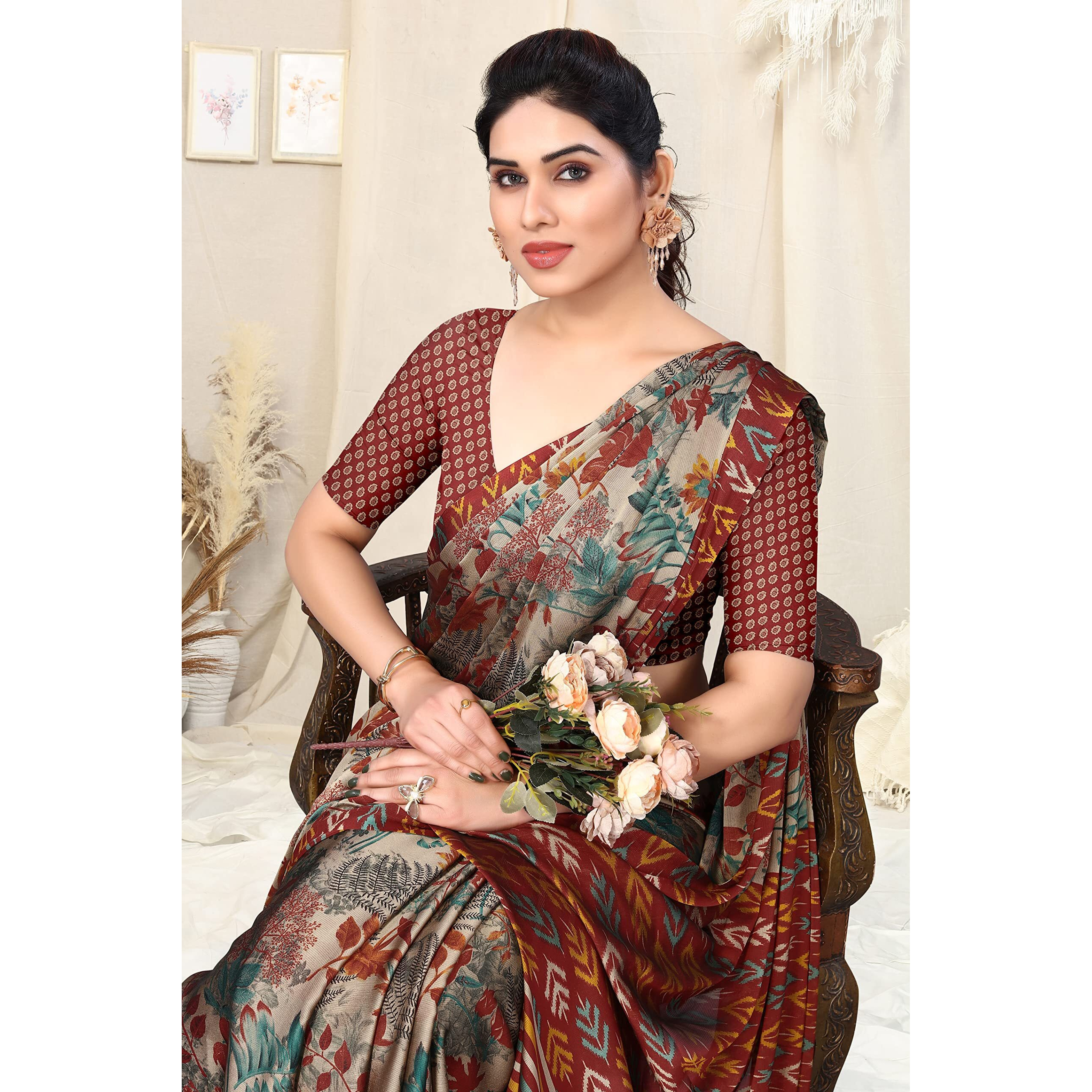 MIRCHI FASHION Womens Plain Weave Chiffon Leaf and Blocks Printed Saree with Blouse Piece (38321-Beige, Maroon)