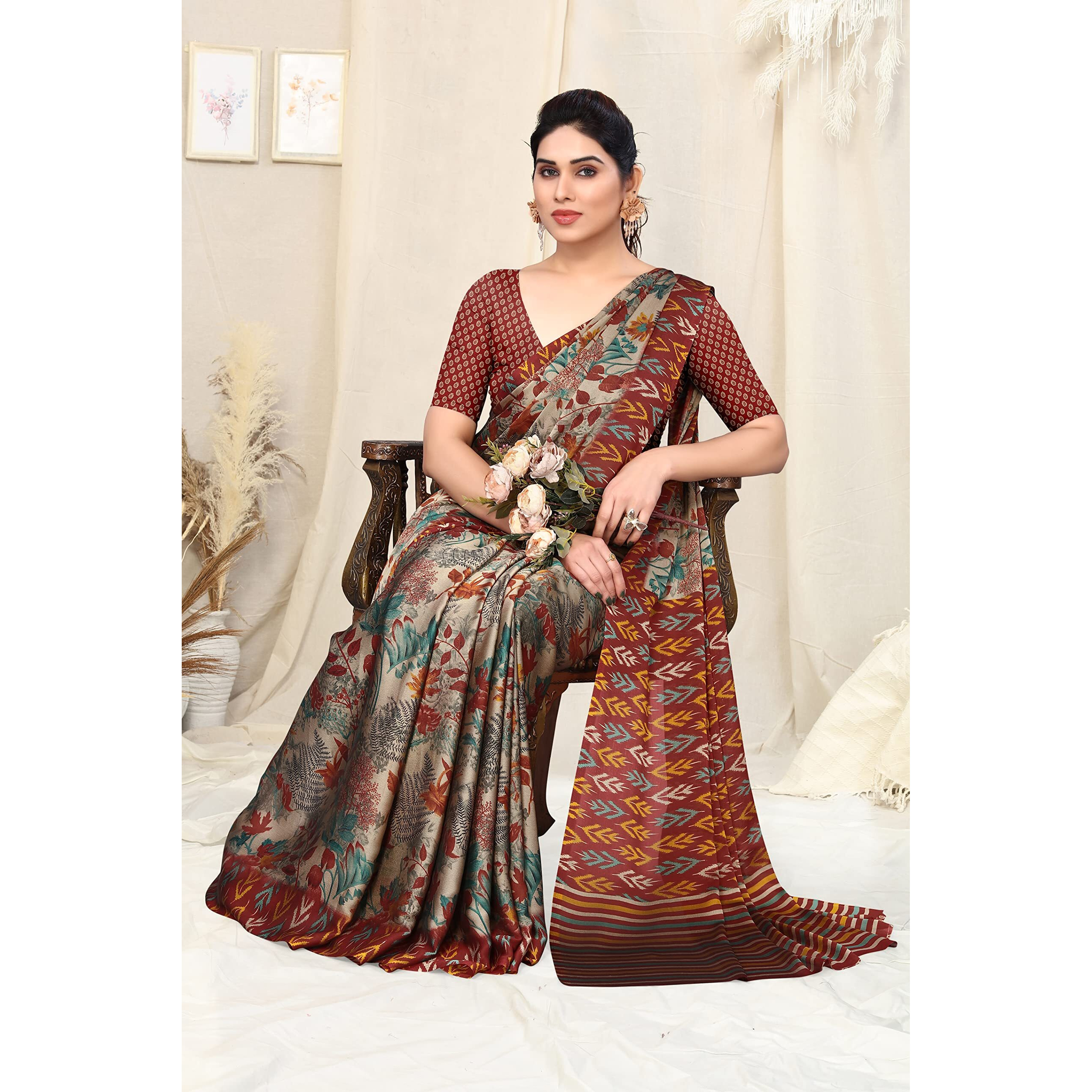 MIRCHI FASHION Womens Plain Weave Chiffon Leaf and Blocks Printed Saree with Blouse Piece (38321-Beige, Maroon)