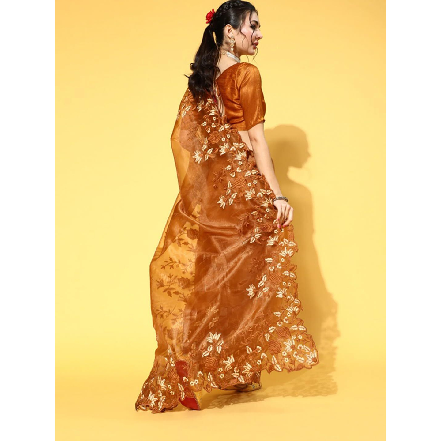 AKHILAM Womens Solid Organza Embroidered Saree With Unstitched Blouse Piece (Brown_2NAVYA2010)