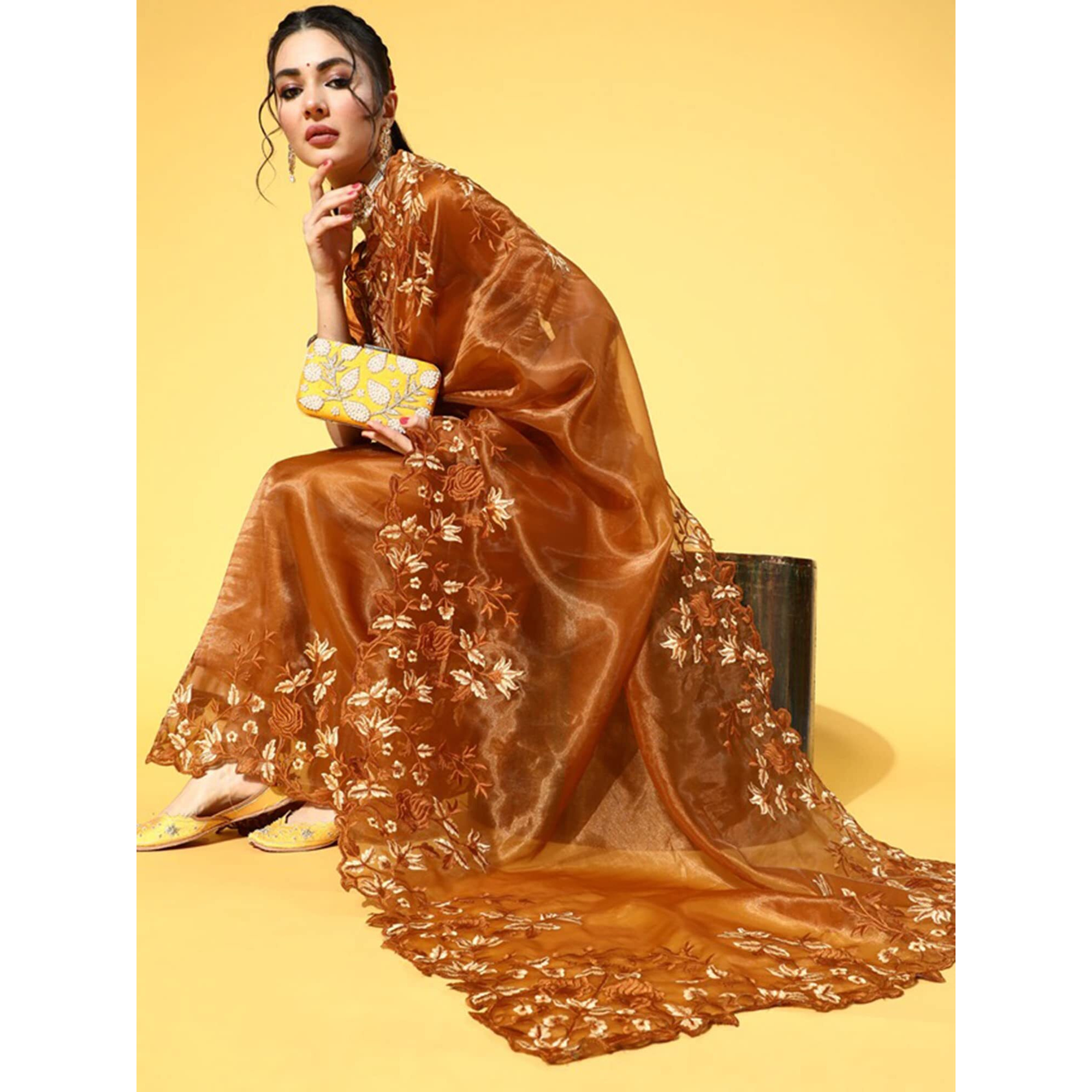 AKHILAM Womens Solid Organza Embroidered Saree With Unstitched Blouse Piece (Brown_2NAVYA2010)