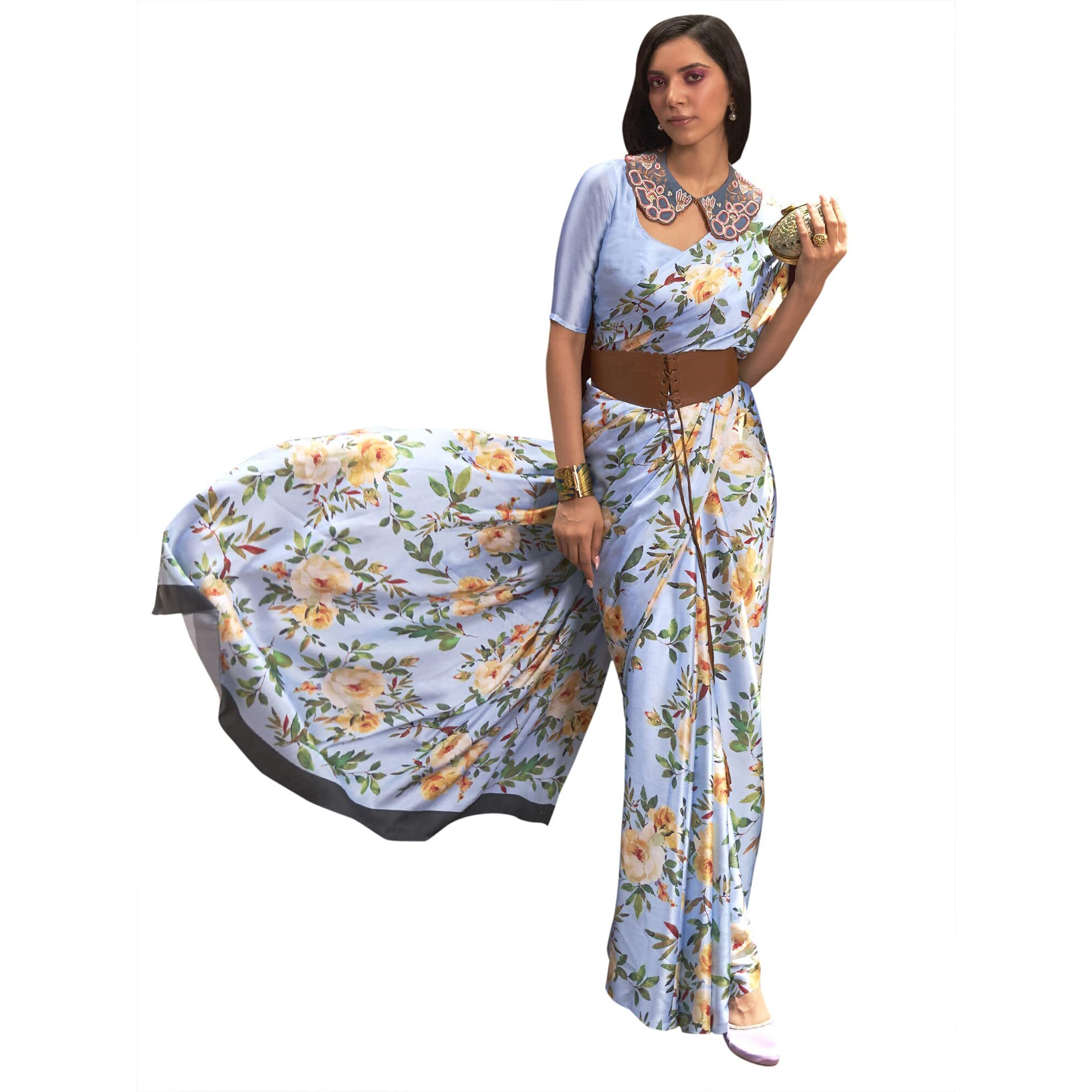 AKHILAM Womens Satin Silk Digital Print Saree With Unstitched Blouse Piece (Blue_KUDOS260004_RJ)