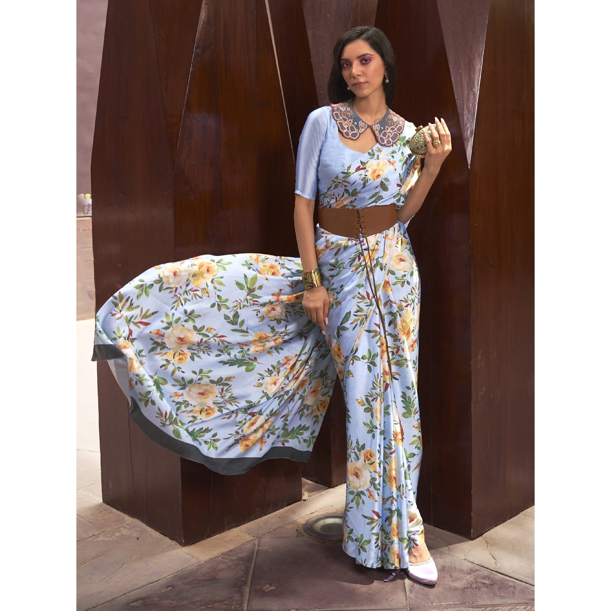 AKHILAM Womens Satin Silk Digital Print Saree With Unstitched Blouse Piece (Blue_KUDOS260004_RJ)