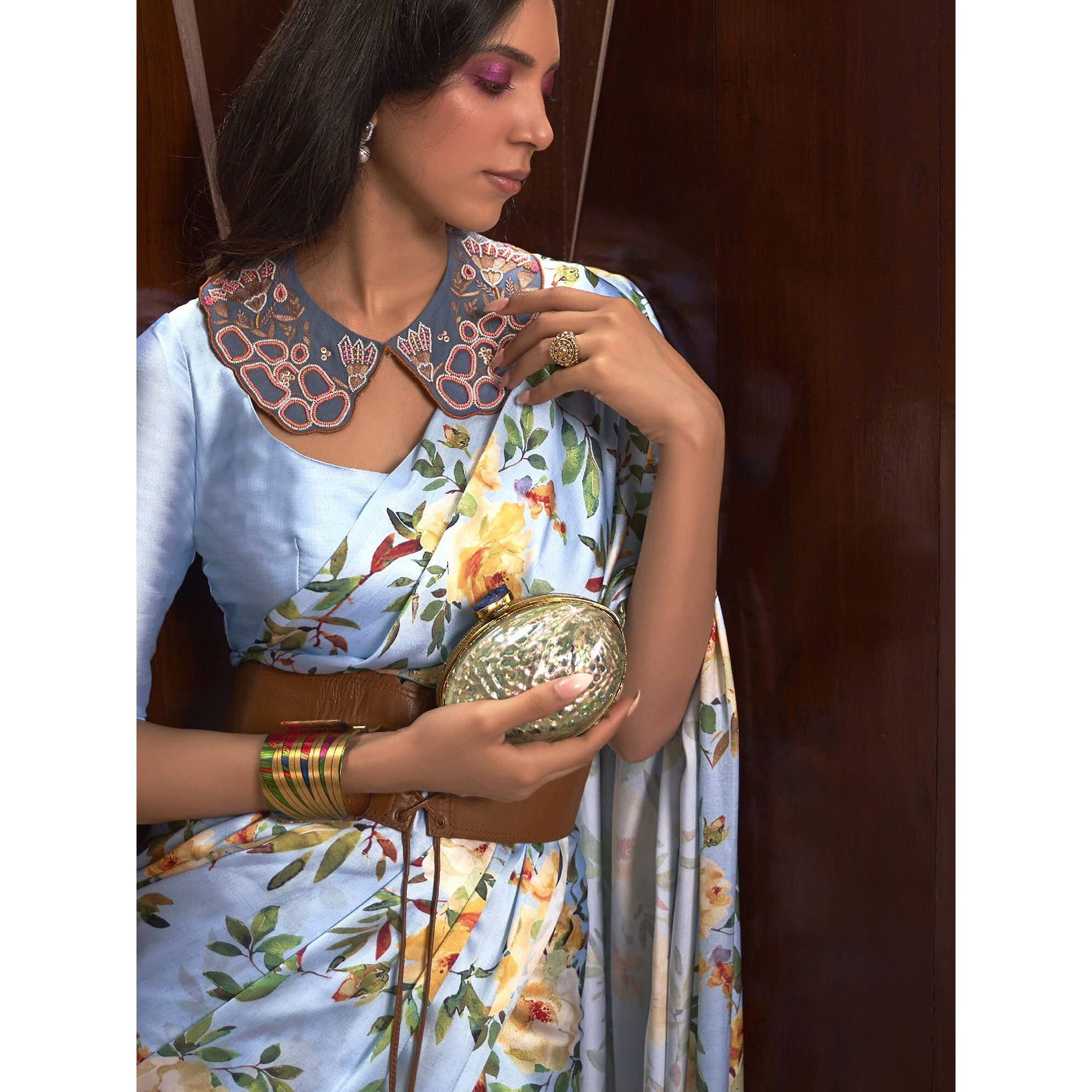 AKHILAM Womens Satin Silk Digital Print Saree With Unstitched Blouse Piece (Blue_KUDOS260004_RJ)