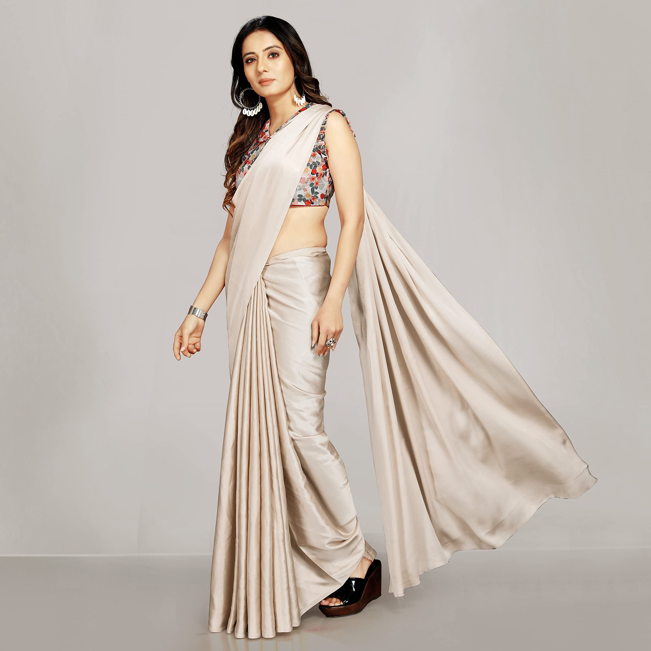 ANANT DESIGNER STUDIO Womens Satin Silk Plain Saree with Designer Blouse Piece Digital Printed (Chiku)
