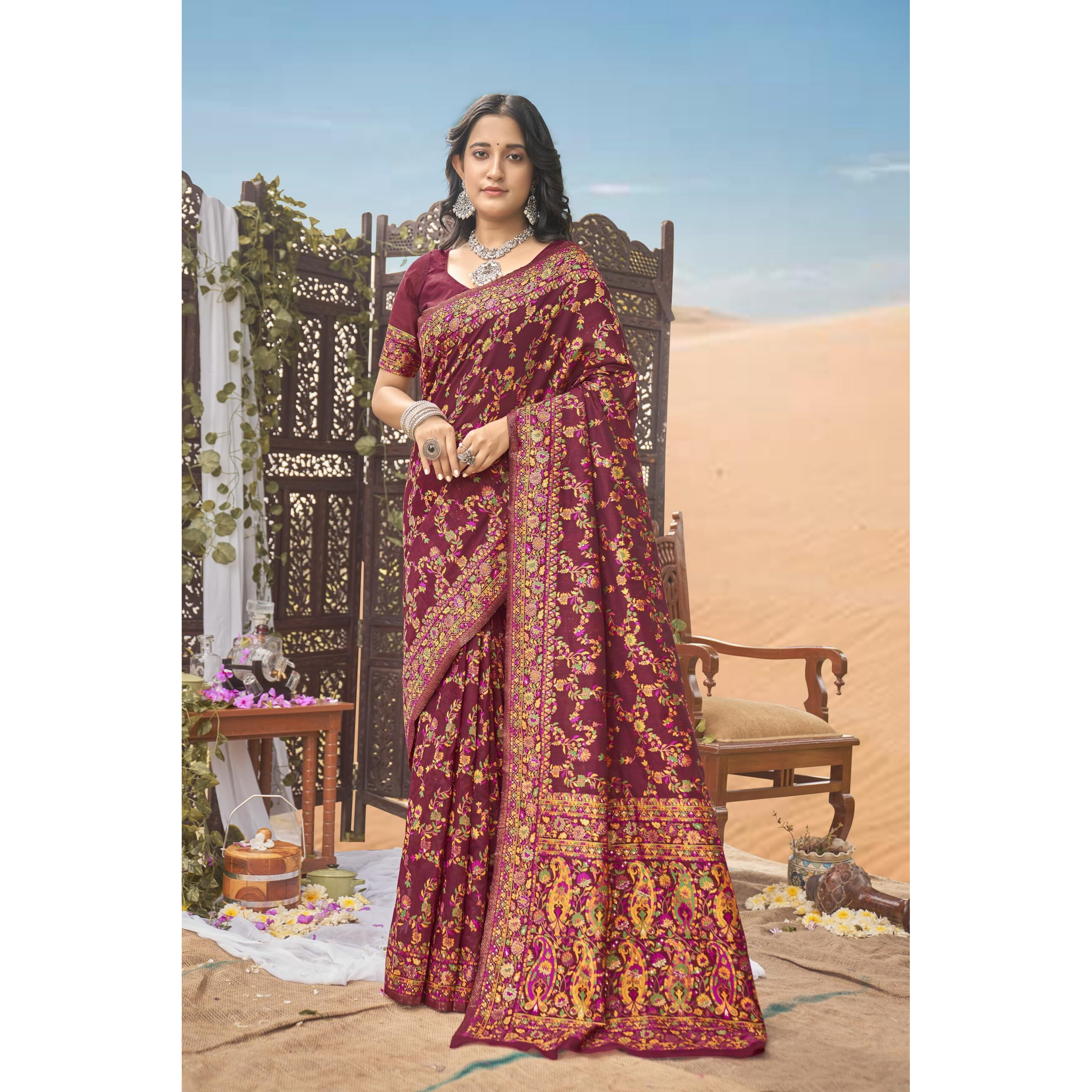 Glory Sarees Womens Kashmiri Pashmina Silk Woven Saree With Blouse Piece (Heritage_Silk108_Maroon)
