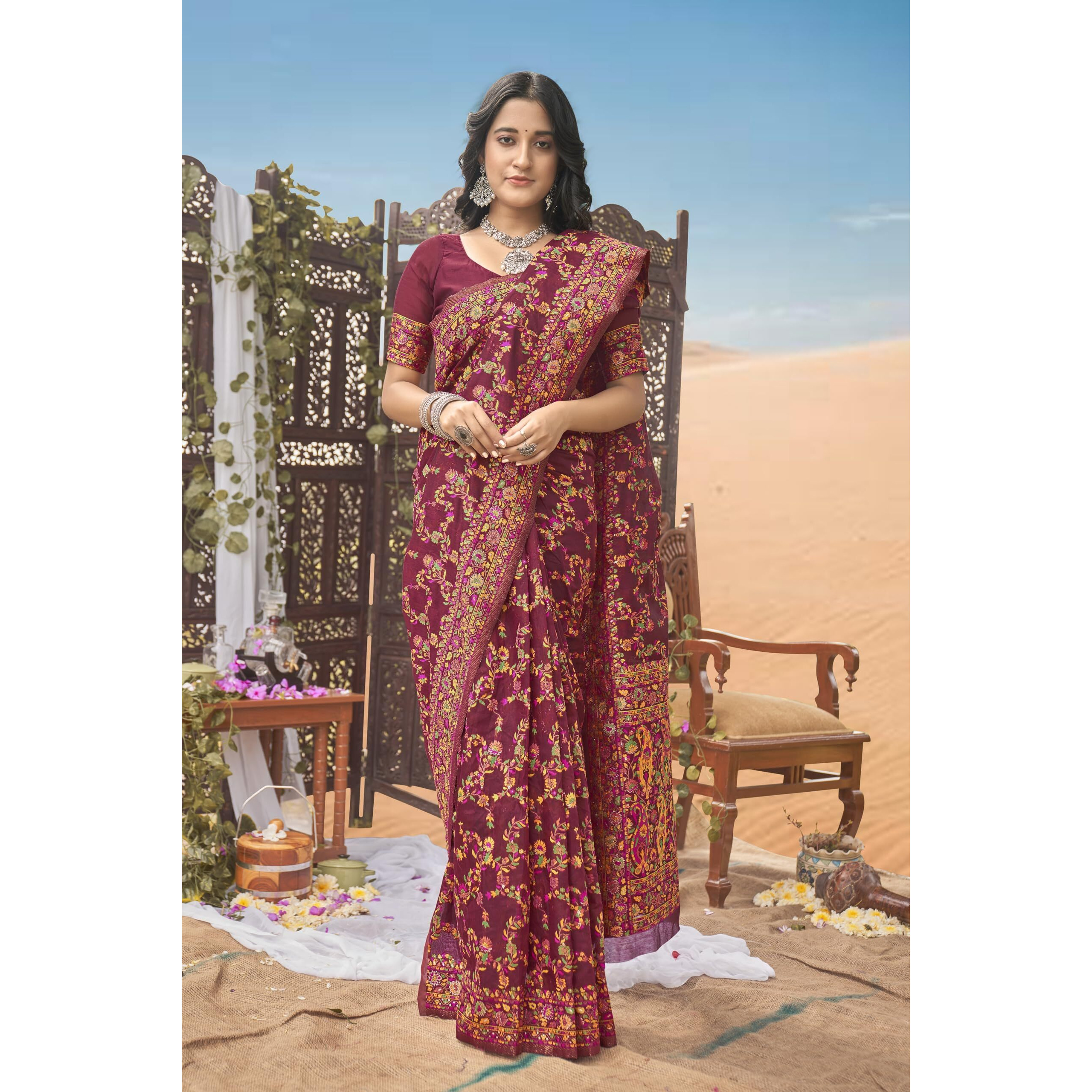Glory Sarees Womens Kashmiri Pashmina Silk Woven Saree With Blouse Piece (Heritage_Silk108_Maroon)