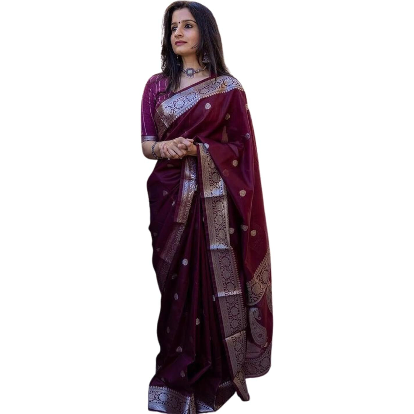 Shiv Textiles Womens Cotton Banarasi Silk Saree With Unstitched Blouse (Wine)