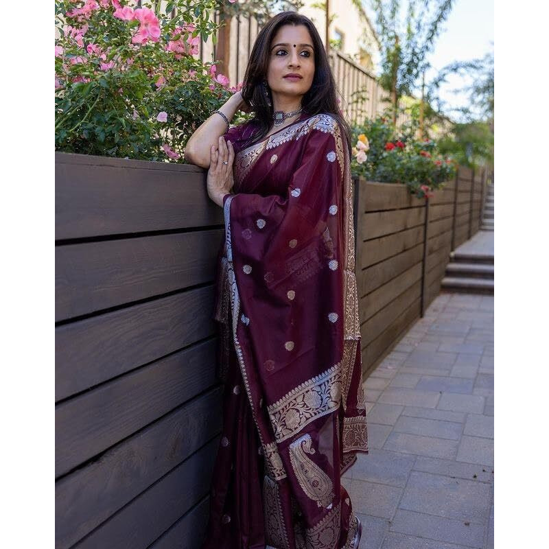 Shiv Textiles Womens Cotton Banarasi Silk Saree With Unstitched Blouse (Wine)
