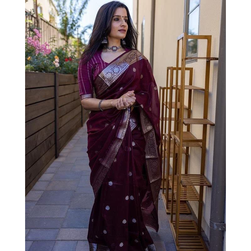 Shiv Textiles Womens Cotton Banarasi Silk Saree With Unstitched Blouse (Wine)