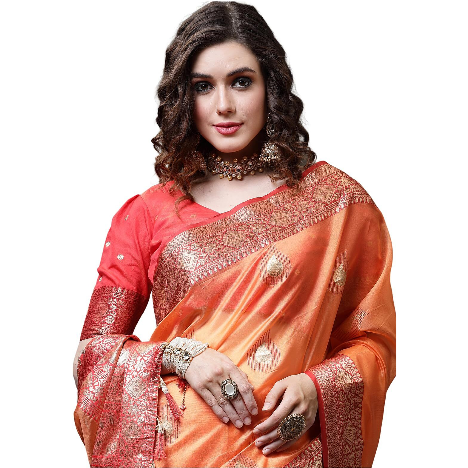 Satrani WomenS Tabby Silk Banarasi Jacquard Saree With Unstitched Blouse Piece(3045S5614NA_Orange2)