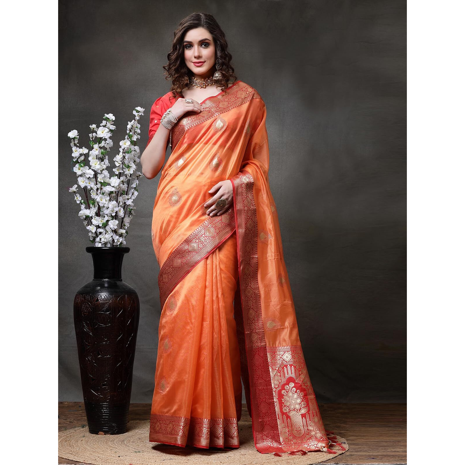 Satrani WomenS Tabby Silk Banarasi Jacquard Saree With Unstitched Blouse Piece(3045S5614NA_Orange2)