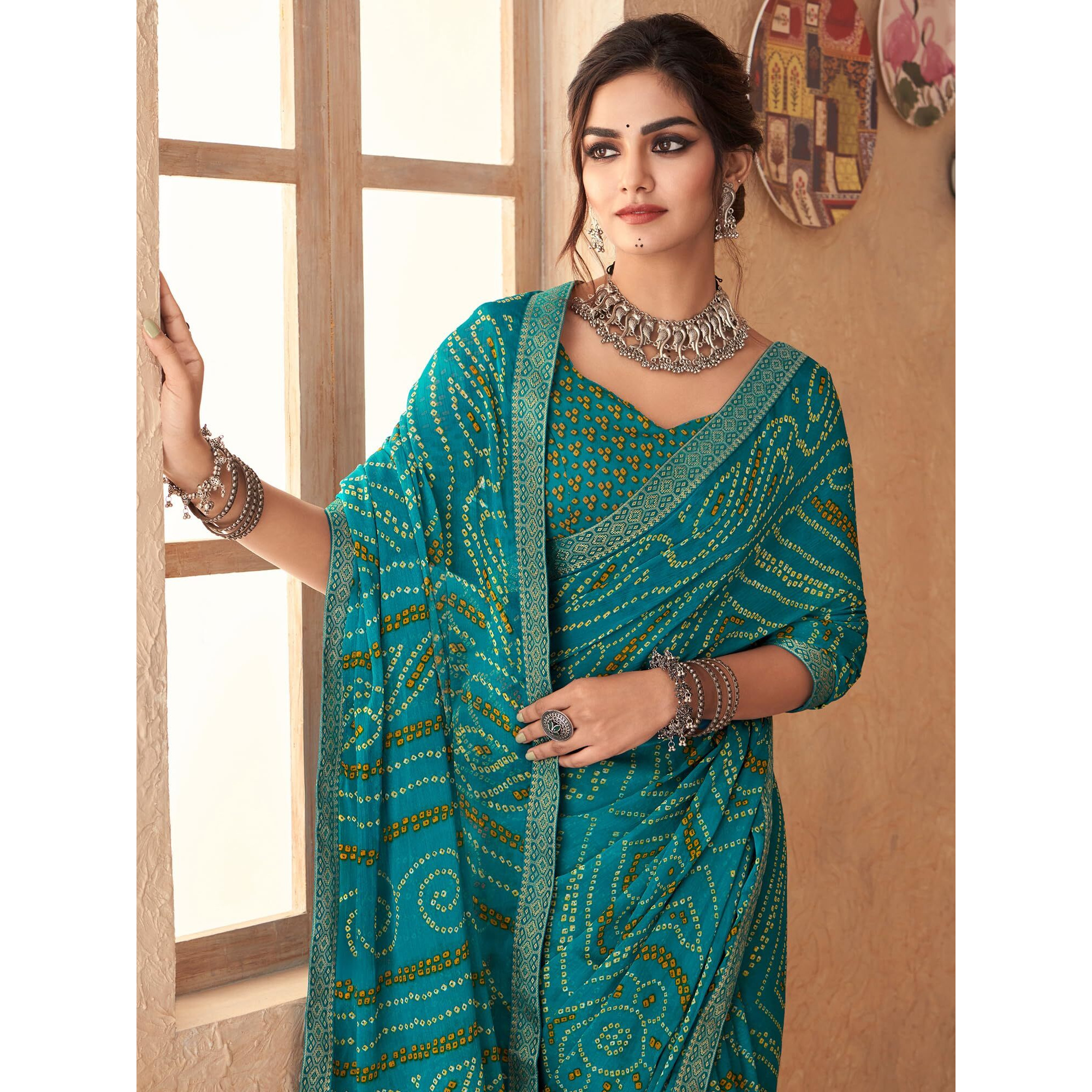 AKHILAM Womens Embellished Lace work Chiffon Bandhani Saree With Unstitched Blouse Piece (Teal blue_SIMYA25801C_TFH)