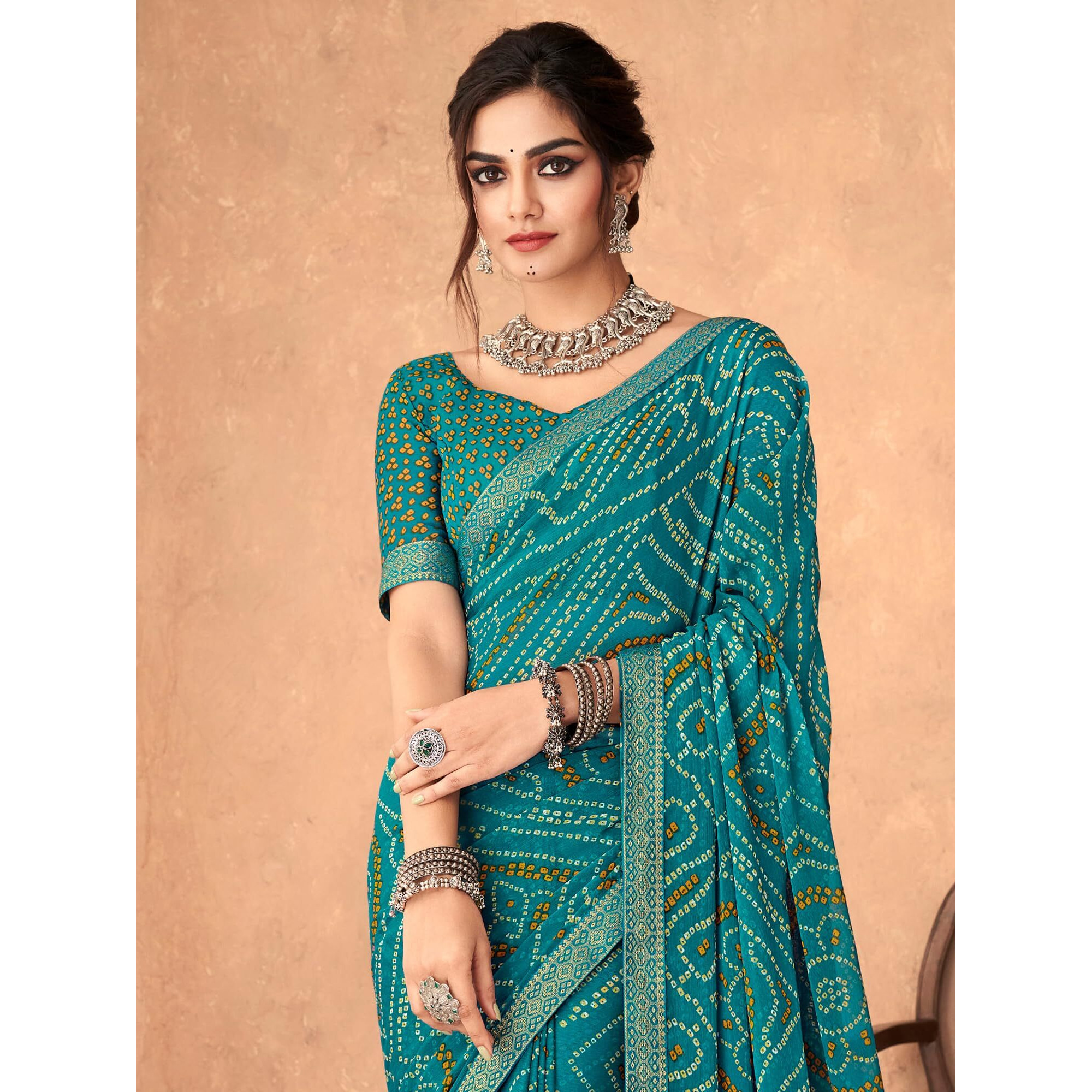 AKHILAM Womens Embellished Lace work Chiffon Bandhani Saree With Unstitched Blouse Piece (Teal blue_SIMYA25801C_TFH)