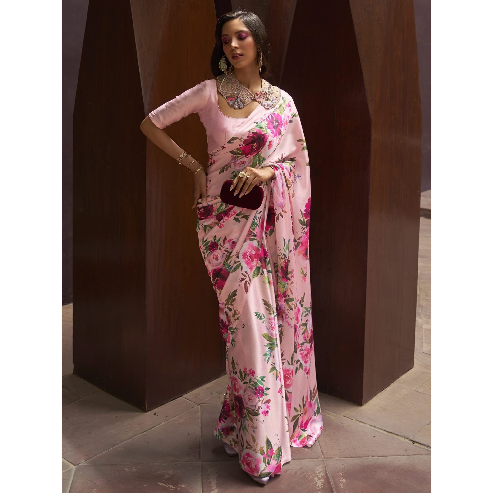 AKHILAM Womens Satin Silk Digital Print Saree With Unstitched Blouse Piece (Pink_KUDOS260002_RJ)