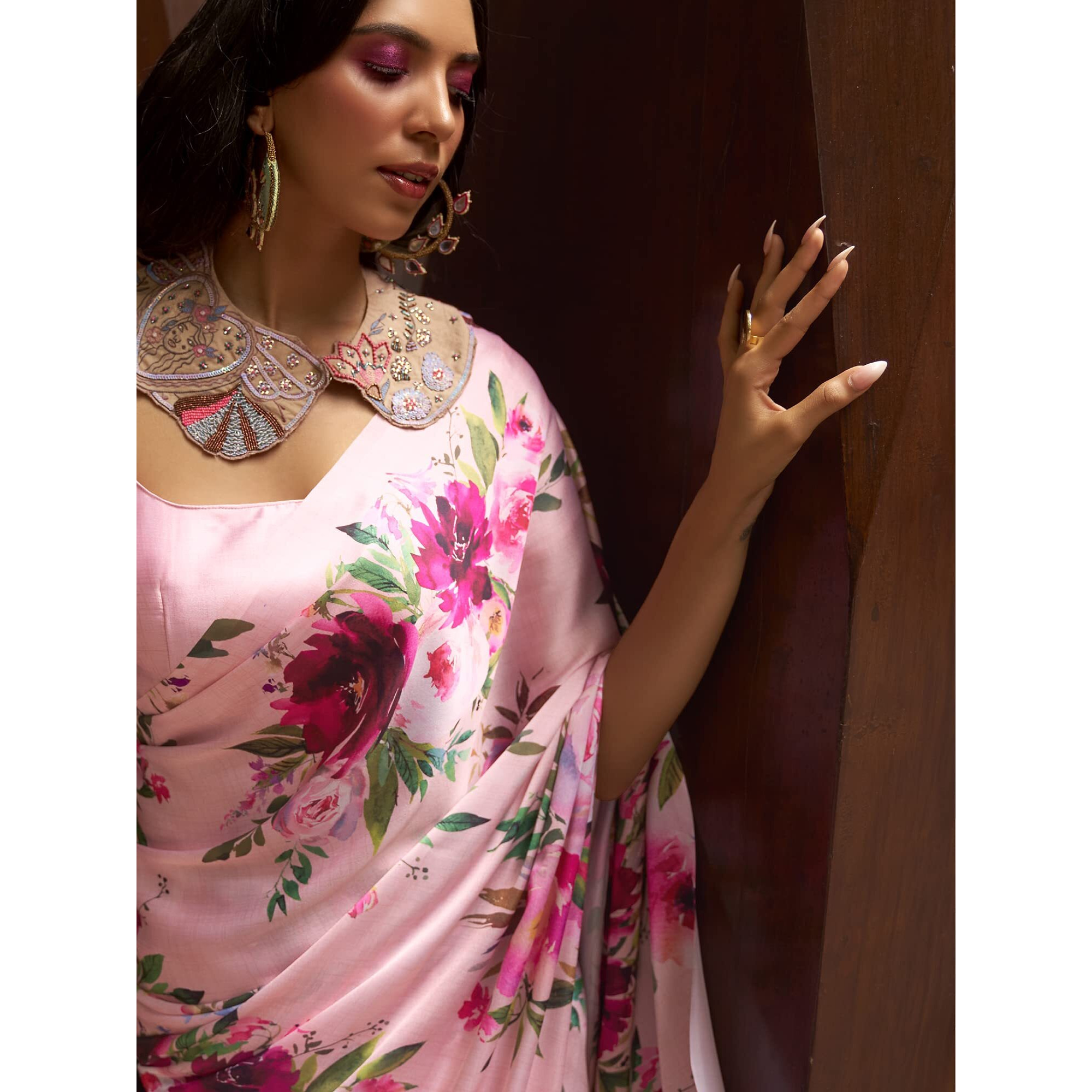 AKHILAM Womens Satin Silk Digital Print Saree With Unstitched Blouse Piece (Pink_KUDOS260002_RJ)
