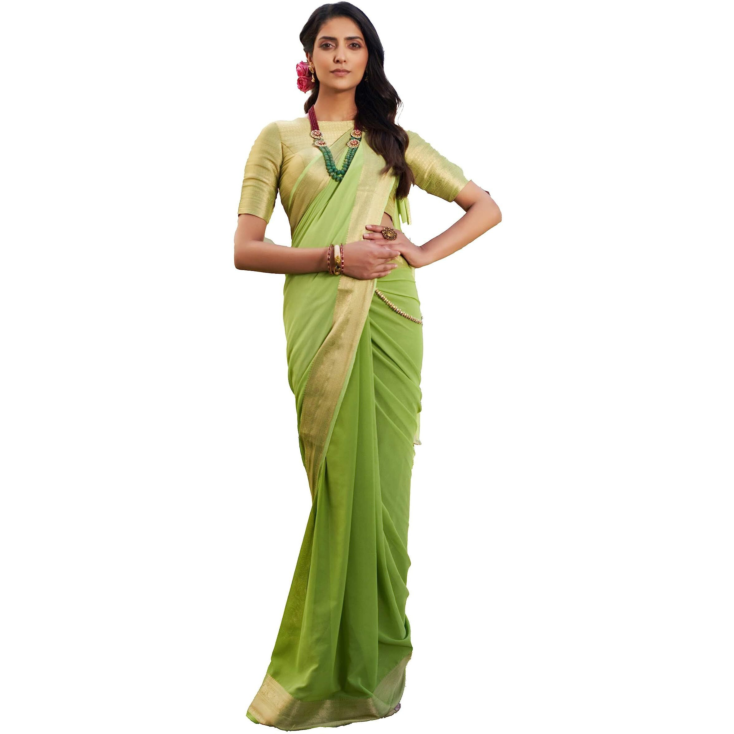 Vardha Womens Banarasi Georgette Half and Half Saree with Unstitched Blouse Piece - Gold Zari Woven Work Sarees (ishani_657)