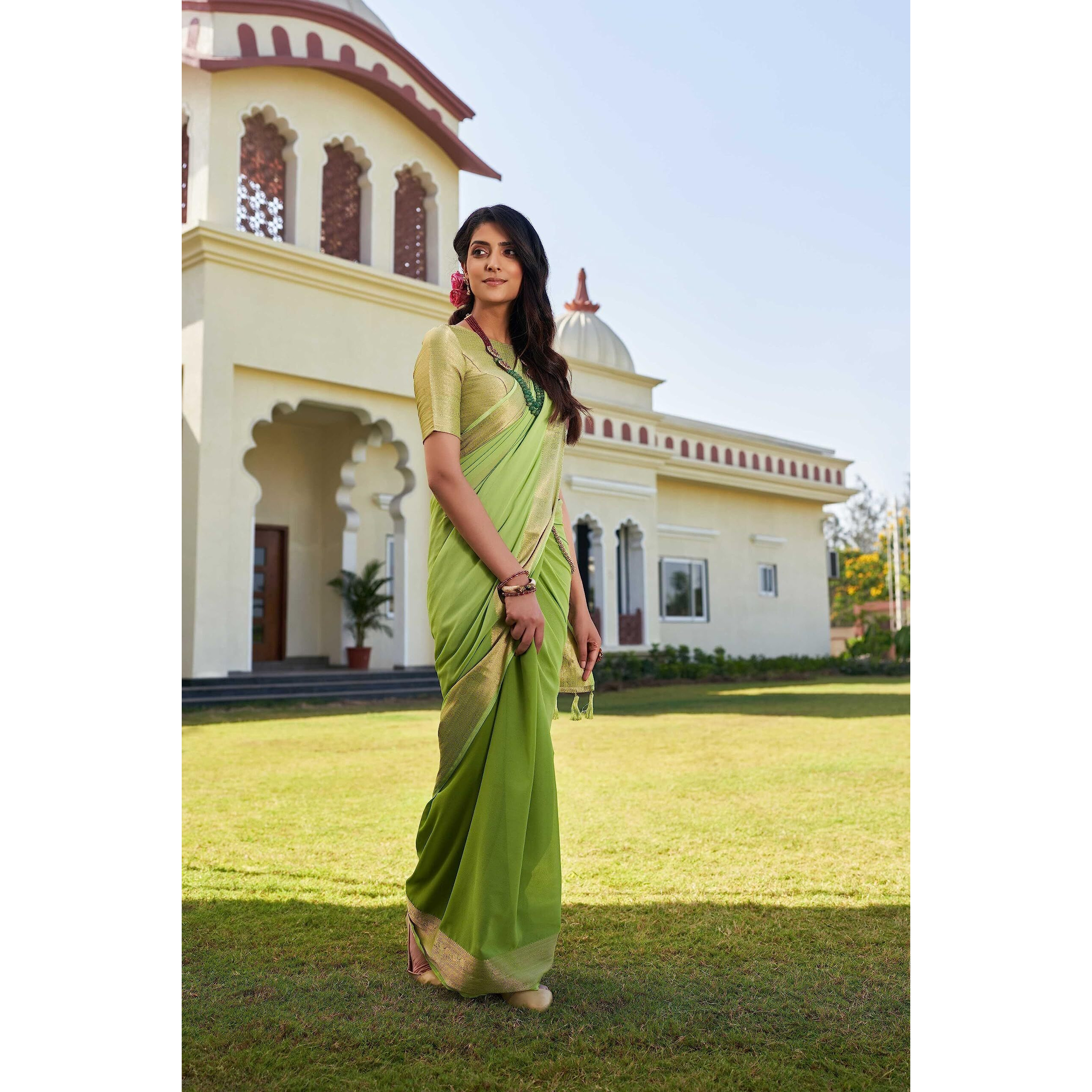 Vardha Womens Banarasi Georgette Half and Half Saree with Unstitched Blouse Piece - Gold Zari Woven Work Sarees (ishani_657)