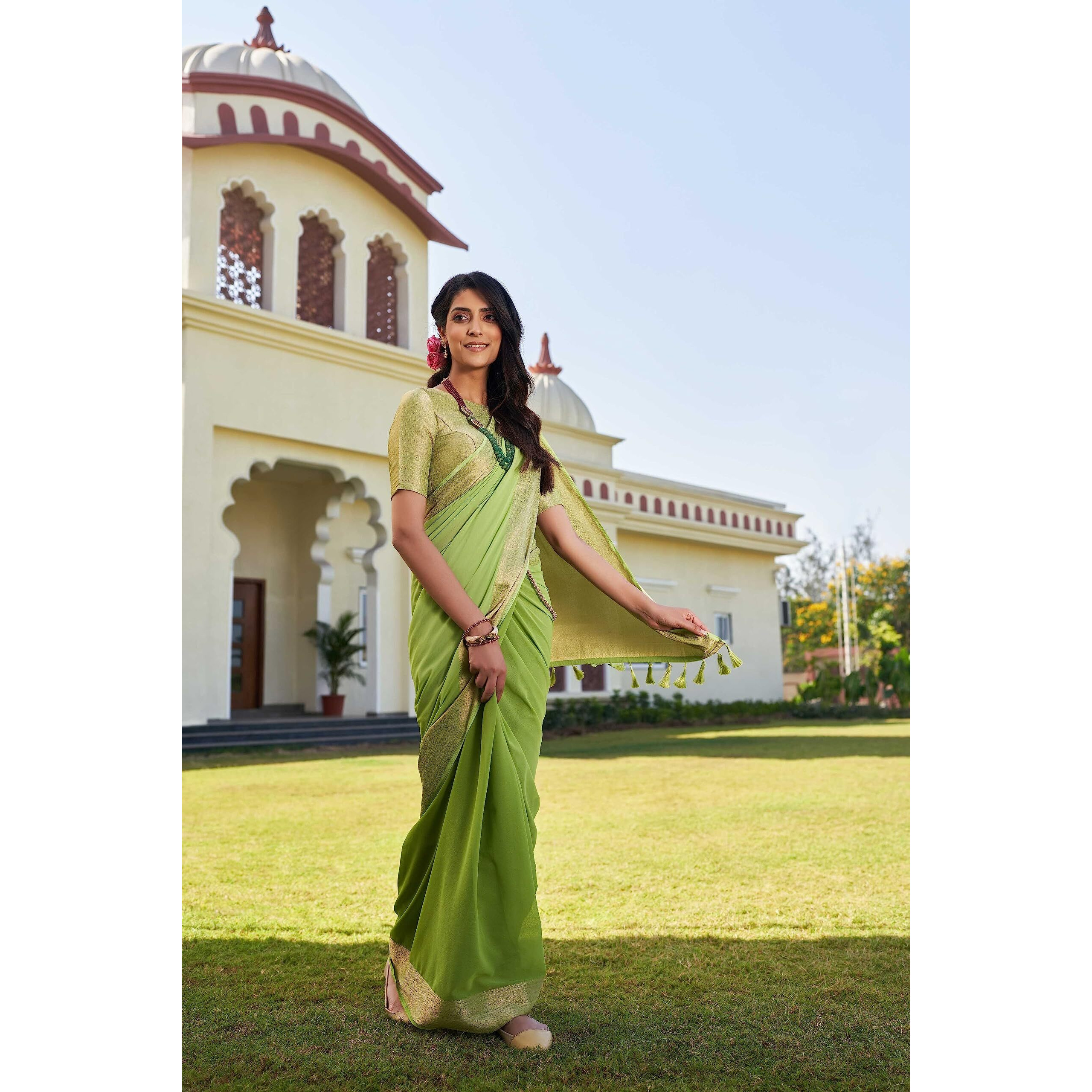 Vardha Womens Banarasi Georgette Half and Half Saree with Unstitched Blouse Piece - Gold Zari Woven Work Sarees (ishani_657)