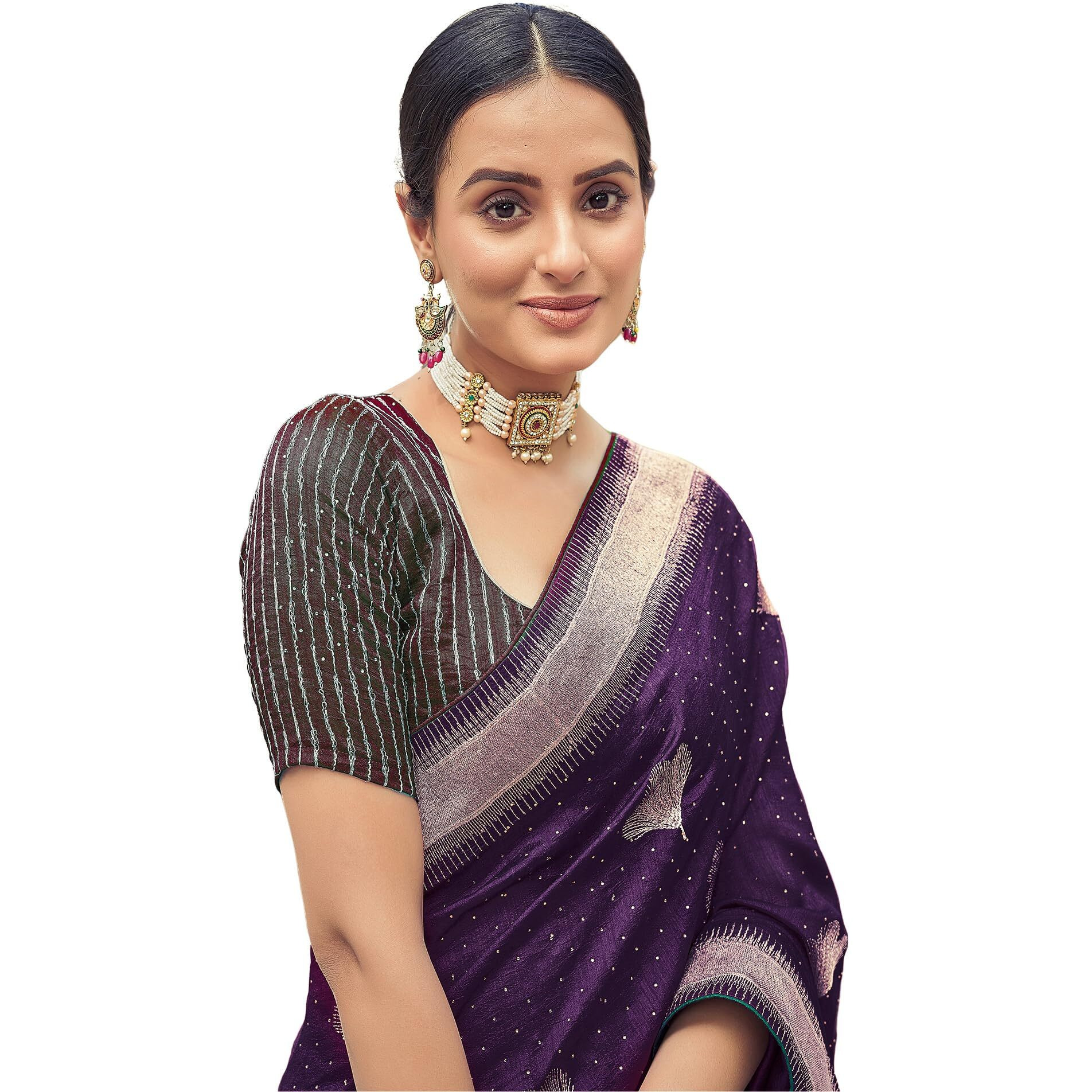 SIRIL Womens Vichitra Silk Embroidery Stone Work Saree With Unstitched Blouse Piece (3430S273_Purple)