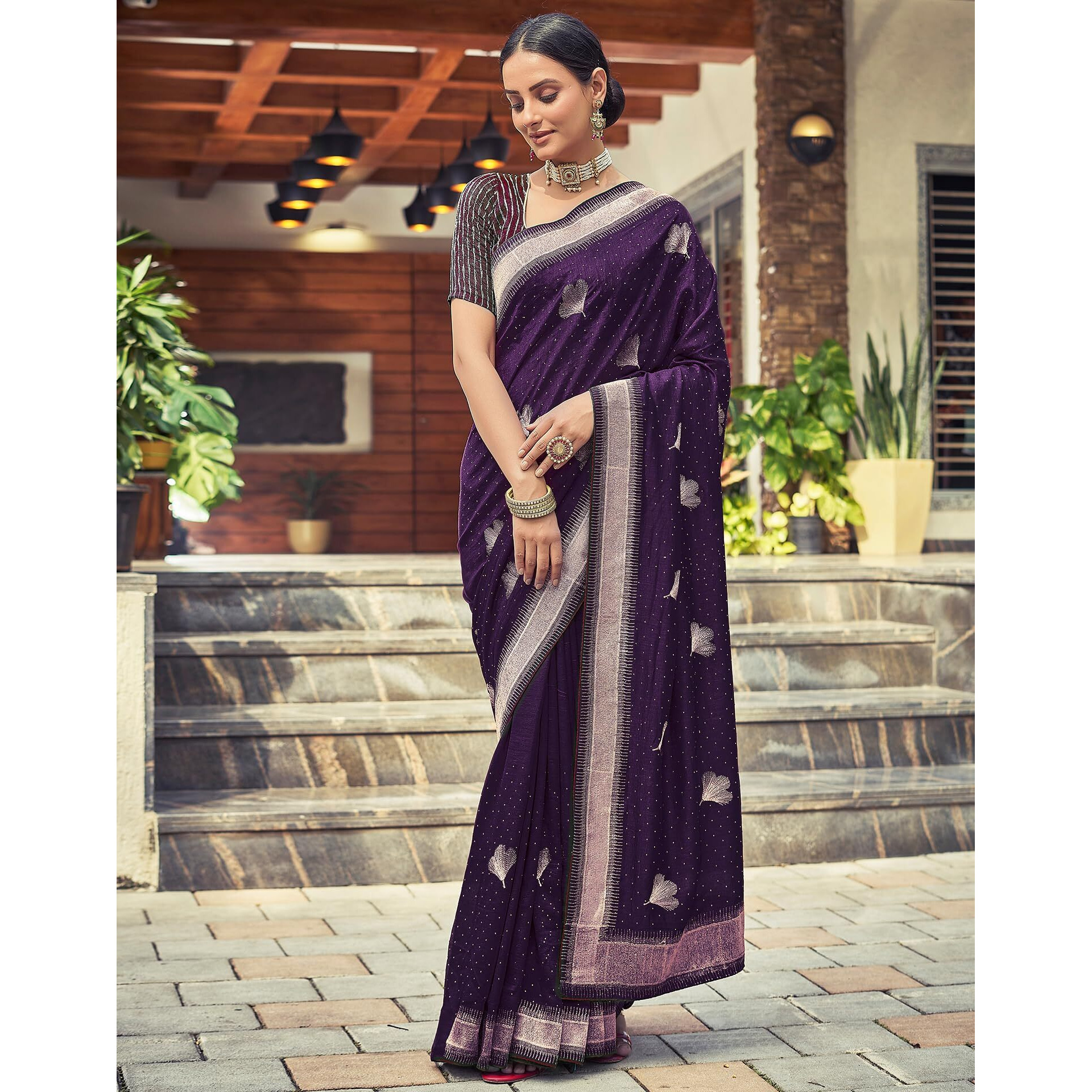 SIRIL Womens Vichitra Silk Embroidery Stone Work Saree With Unstitched Blouse Piece (3430S273_Purple)