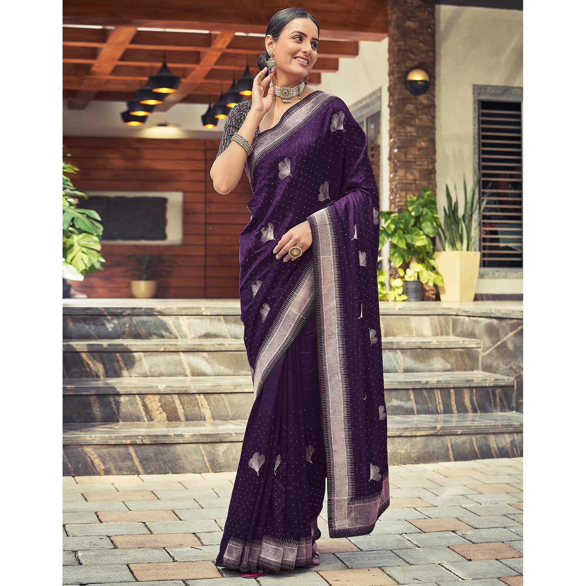 SIRIL Womens Vichitra Silk Embroidery Stone Work Saree With Unstitched Blouse Piece (3430S273_Purple)