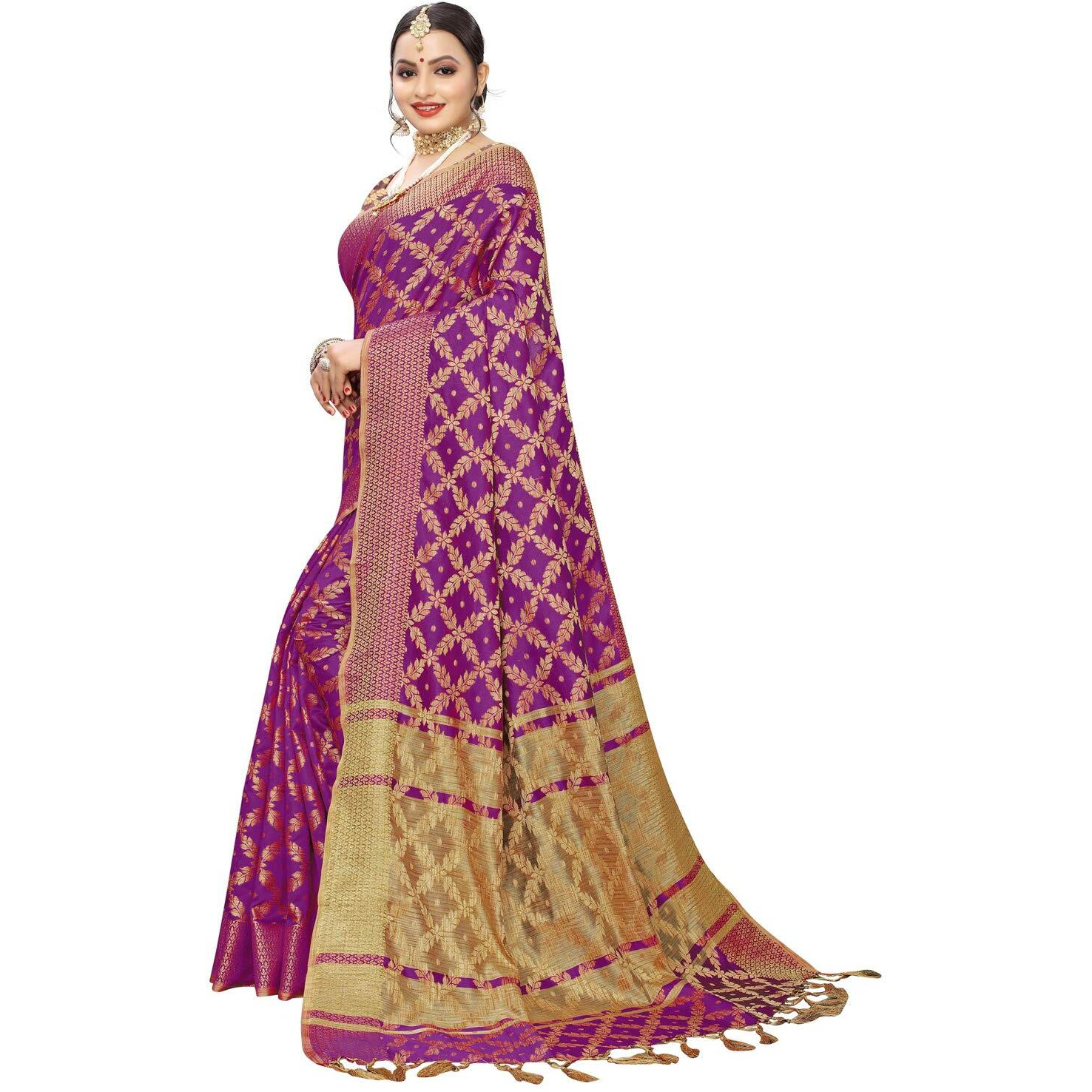SIRIL Womens Silk Blend Woven Design Kanjeevaram Saree with Blouse (1415S150 Purple Banarasi)