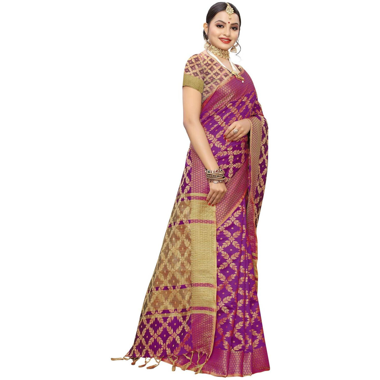 SIRIL Womens Silk Blend Woven Design Kanjeevaram Saree with Blouse (1415S150 Purple Banarasi)