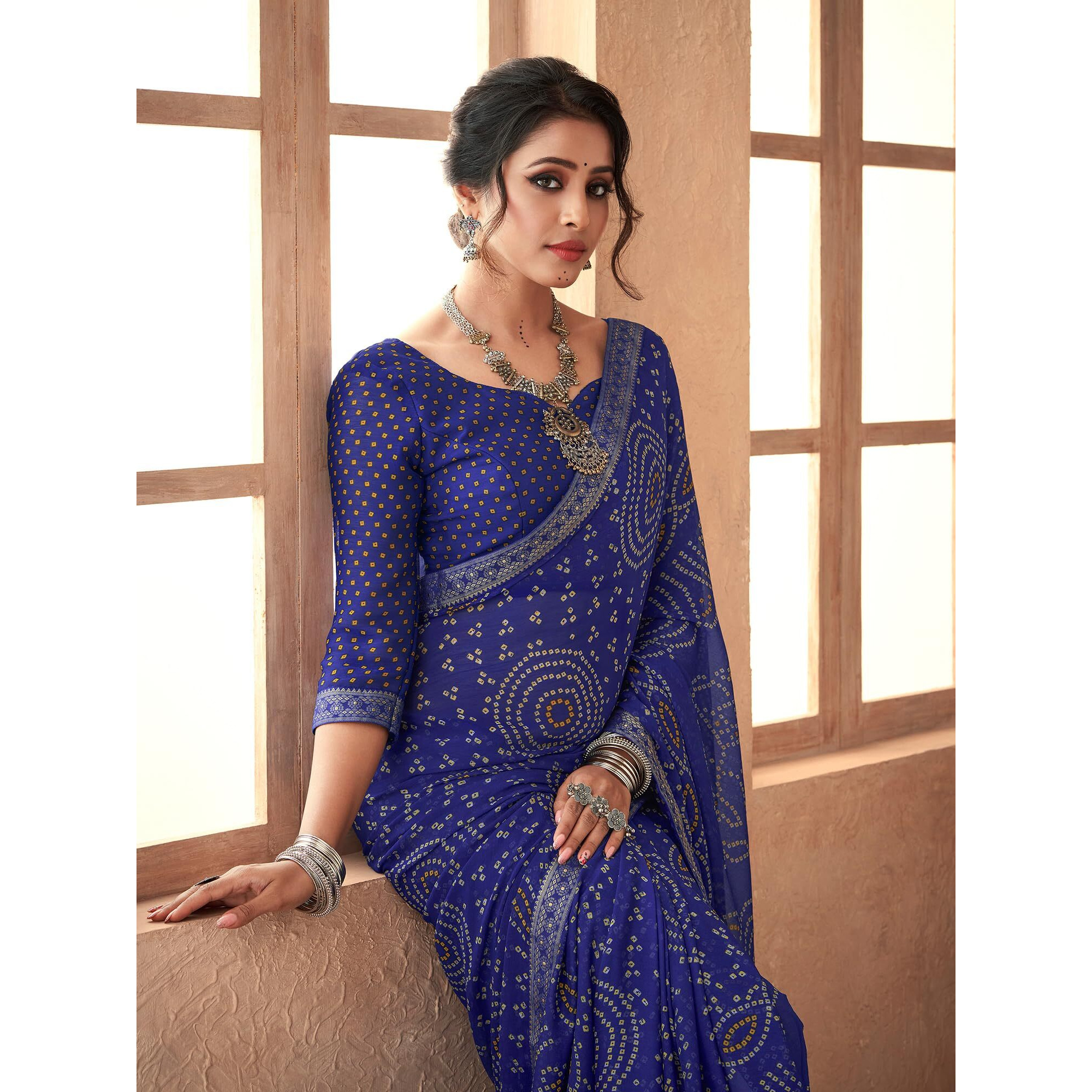 AKHILAM Womens Embellished Lace work Chiffon Bandhani Saree With Unstitched Blouse Piece (Blue_SIMYA25803C_TFH)