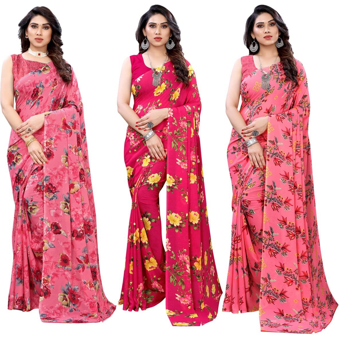 SIRIL Womens Printed Georgette Saree with Blouse Combo Pack Of 3(1850S178_1955S348_1955S344_Pink||Beet Red||French Rose Pink)