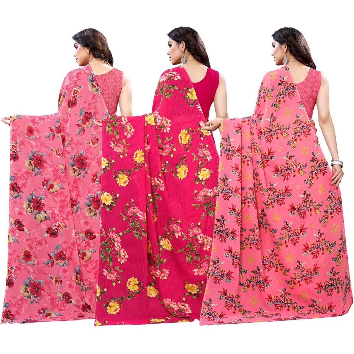SIRIL Womens Printed Georgette Saree with Blouse Combo Pack Of 3(1850S178_1955S348_1955S344_Pink||Beet Red||French Rose Pink)