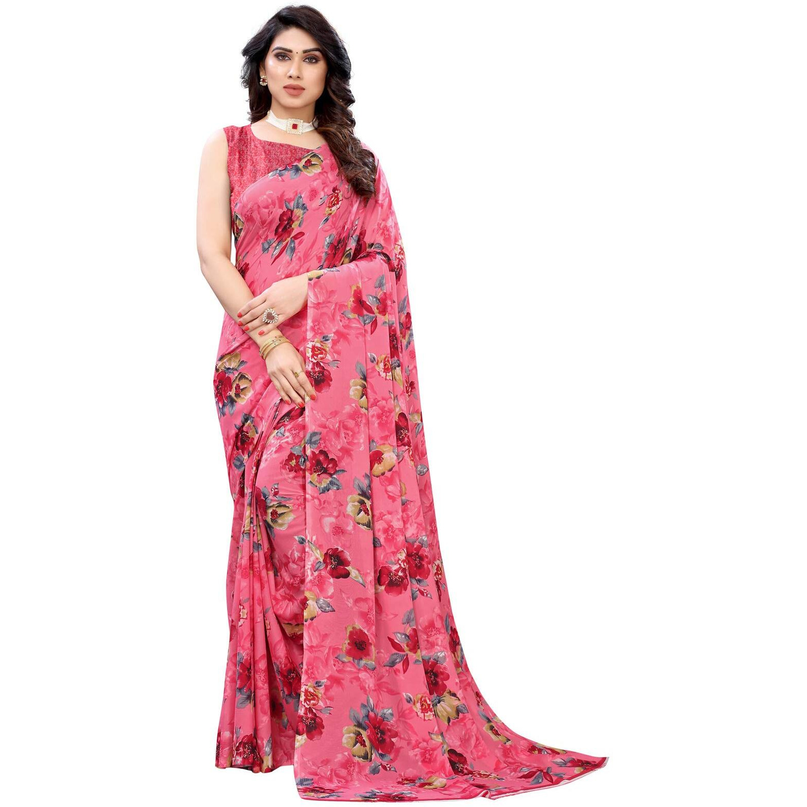 SIRIL Womens Printed Georgette Saree with Blouse Combo Pack Of 3(1850S178_1955S348_1955S344_Pink||Beet Red||French Rose Pink)