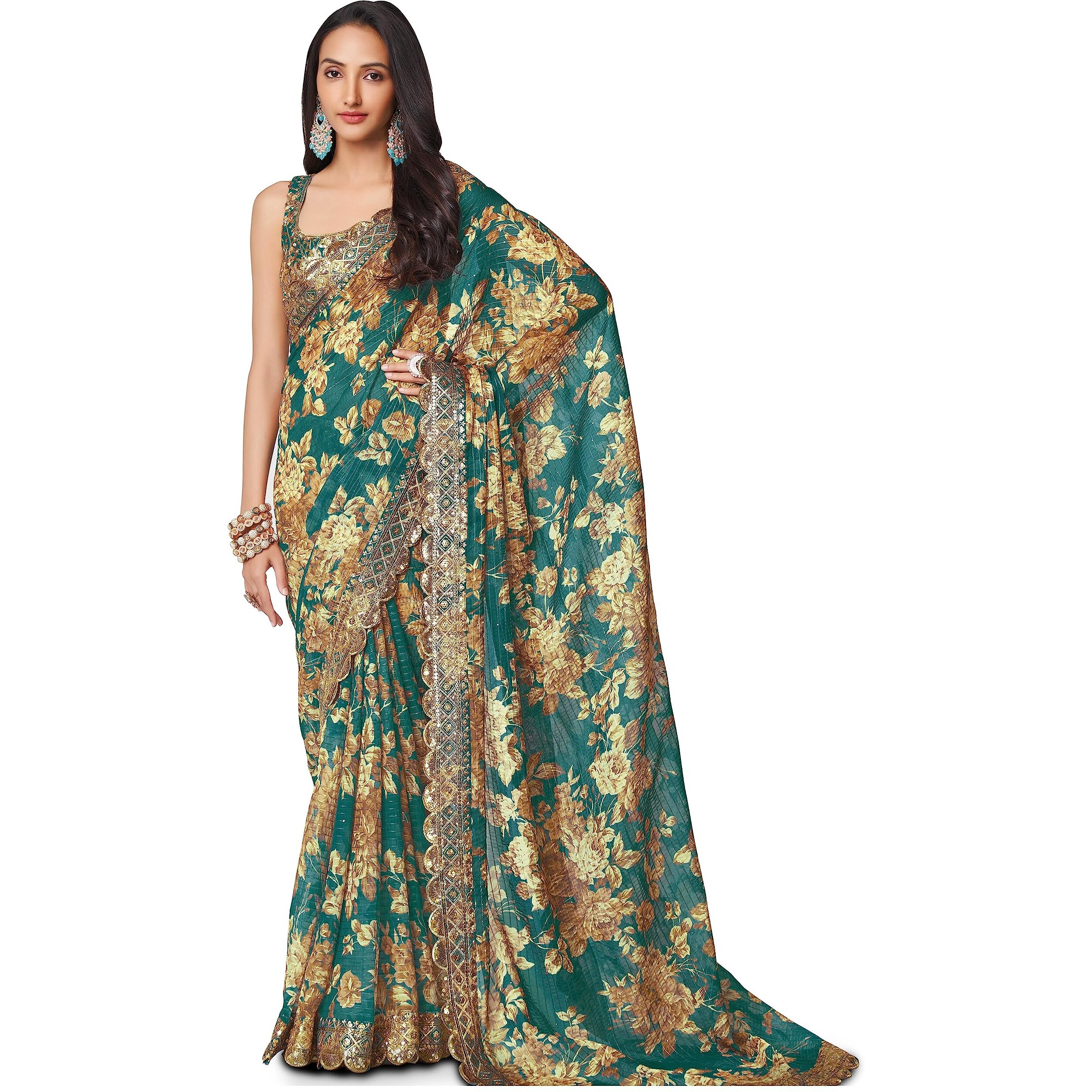 Zeel Clothing Womens Floral Organza Heavy Sequins Saree with Blouse (1106-Teal-Floral-Party-Wedding-Saree, Free Size) (Teal)