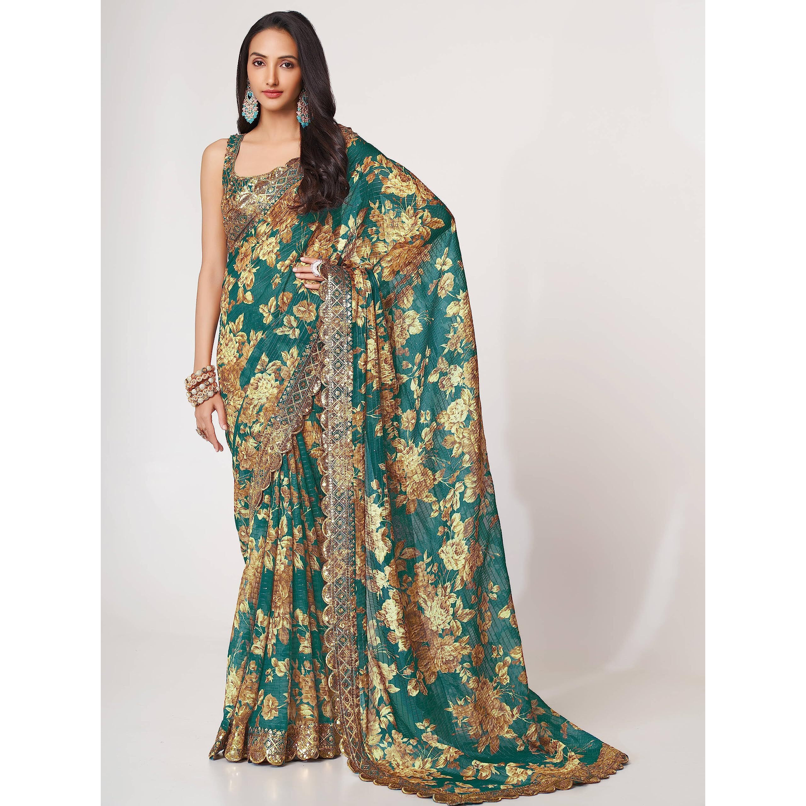 Zeel Clothing Womens Floral Organza Heavy Sequins Saree with Blouse (1106-Teal-Floral-Party-Wedding-Saree, Free Size) (Teal)