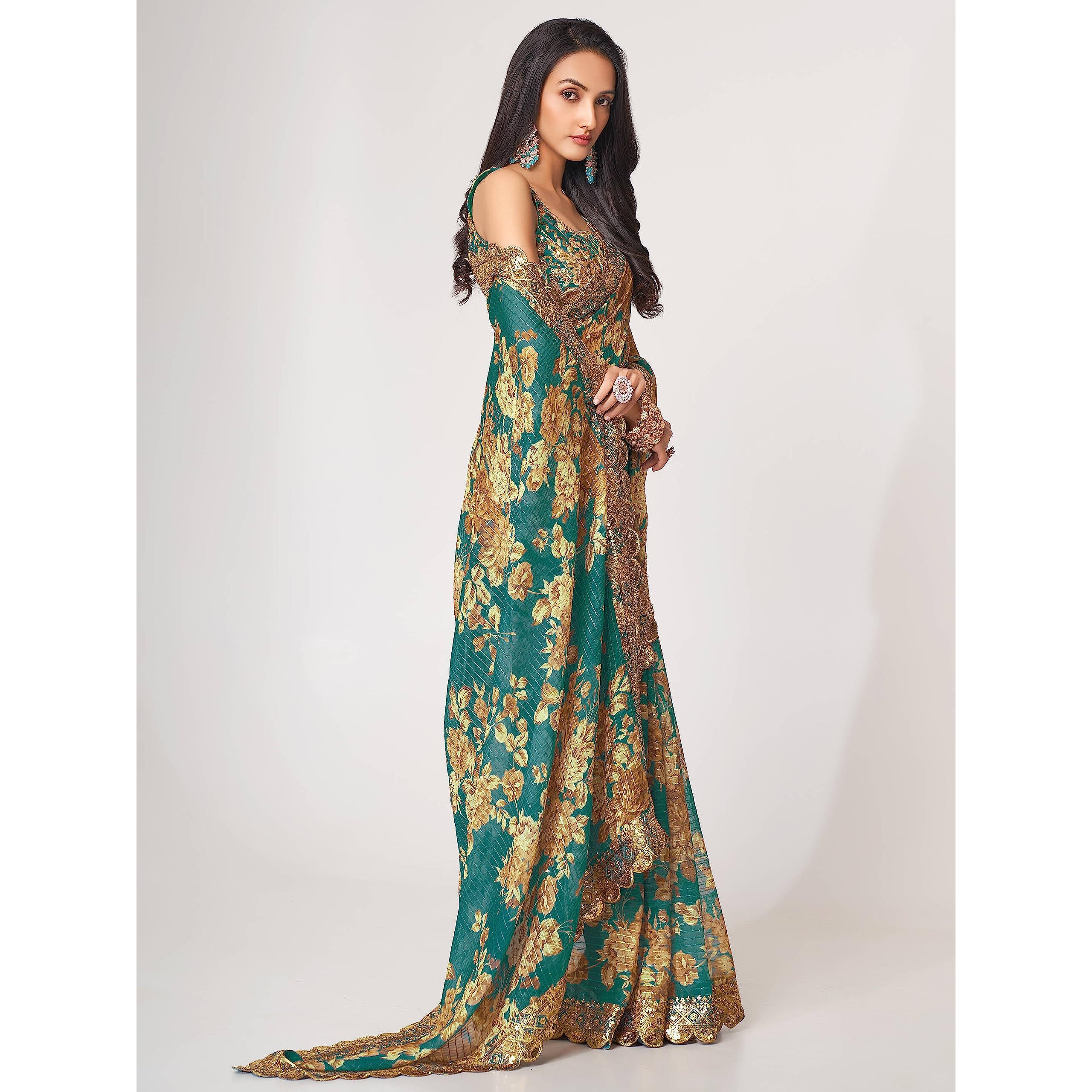 Zeel Clothing Womens Floral Organza Heavy Sequins Saree with Blouse (1106-Teal-Floral-Party-Wedding-Saree, Free Size) (Teal)
