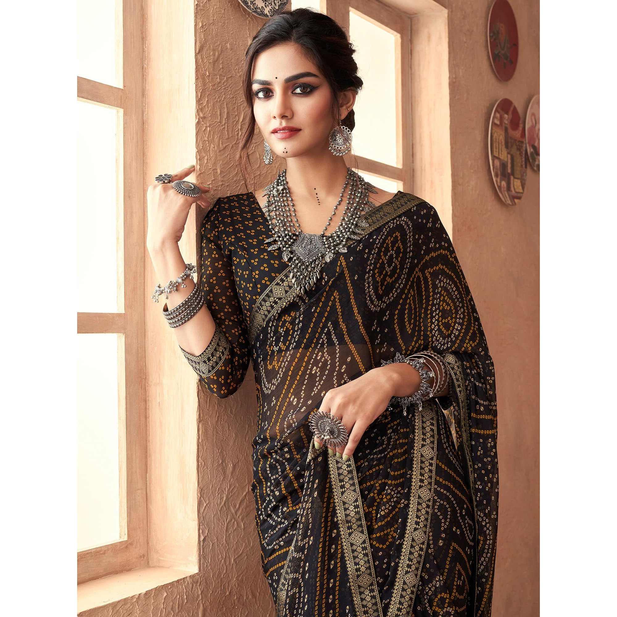 AKHILAM Womens Embellished Lace work Chiffon Bandhani Saree With Unstitched Blouse Piece (Black_SIMYA25802C_TFH)
