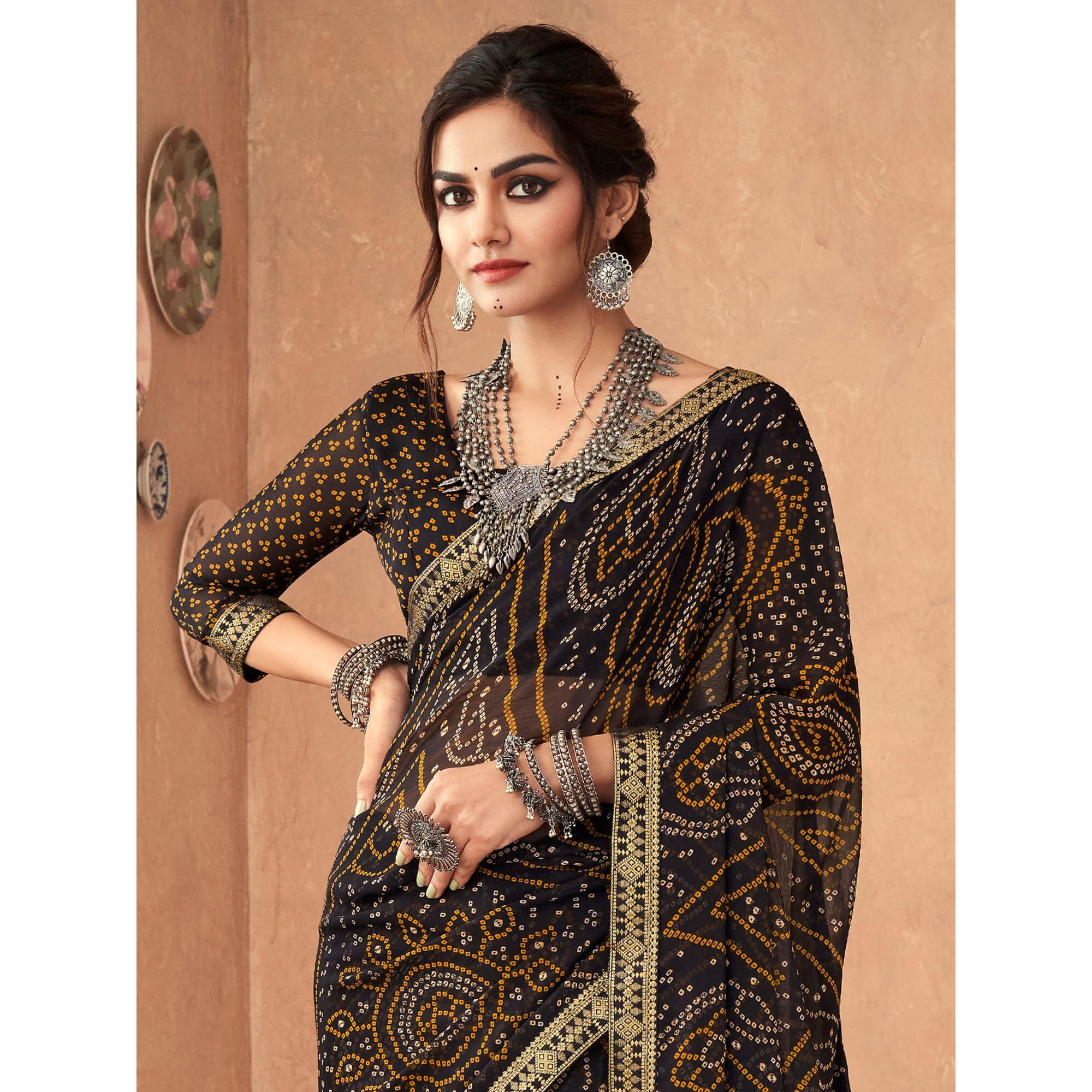 AKHILAM Womens Embellished Lace work Chiffon Bandhani Saree With Unstitched Blouse Piece (Black_SIMYA25802C_TFH)