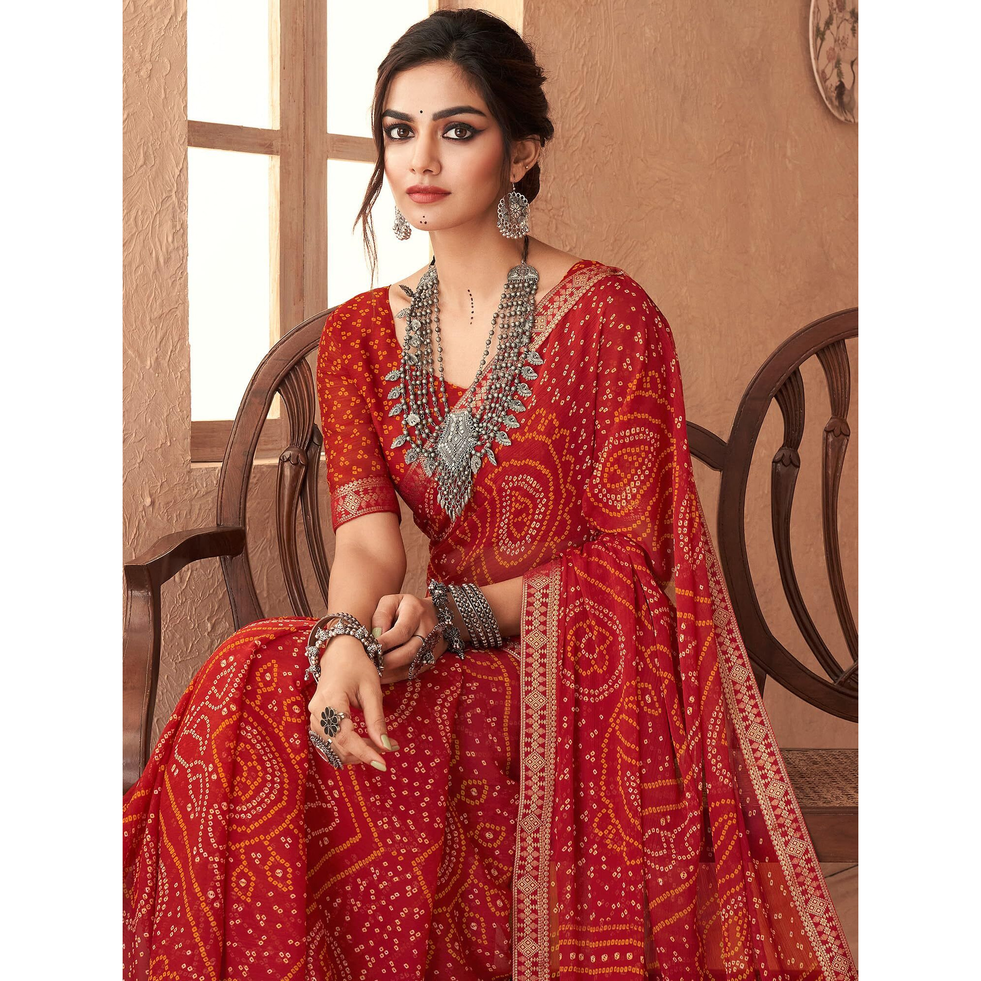 AKHILAM Womens Embellished Lace work Chiffon Bandhani Saree With Unstitched Blouse Piece (Red_SIMYA25802D_TFH)