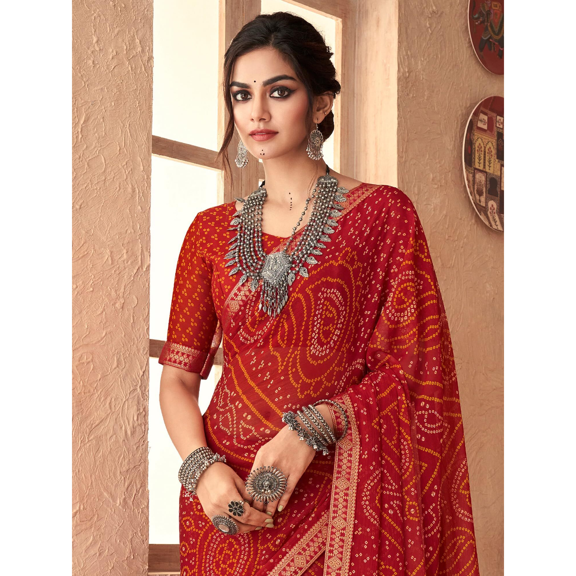AKHILAM Womens Embellished Lace work Chiffon Bandhani Saree With Unstitched Blouse Piece (Red_SIMYA25802D_TFH)