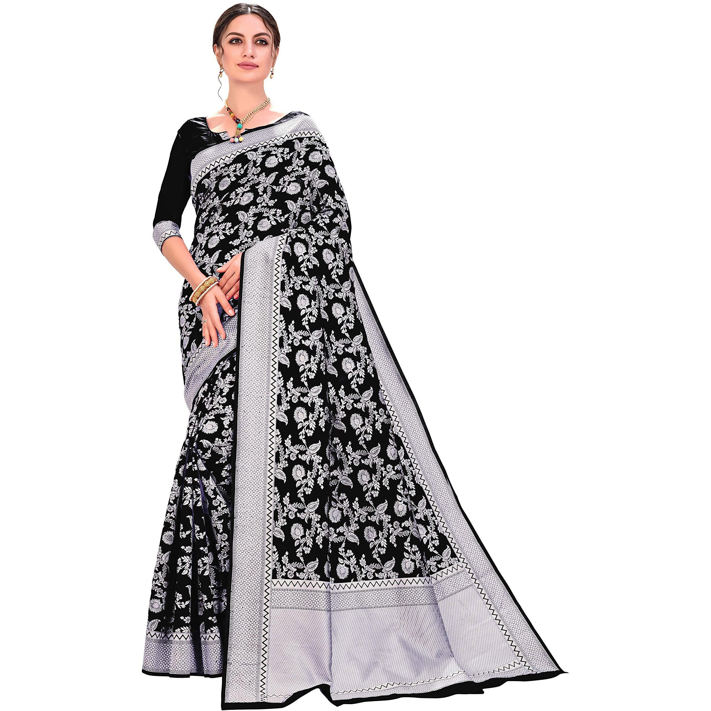 Glory Sarees Womens Banarasi Silk Saree With Blouse Piece (kara124-black_Black)