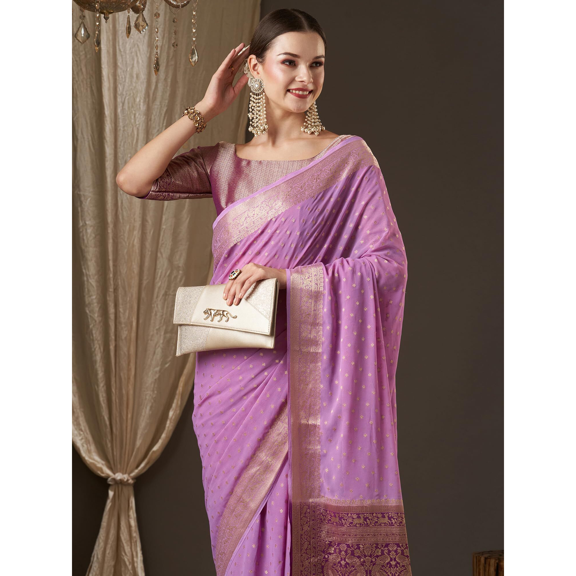 AKHILAM Womens Woven Design Ethnic Motif Georgette Kanjeevaram Saree With Unstiched Blouse Piece (Lavendar_ARYA6005_FL)