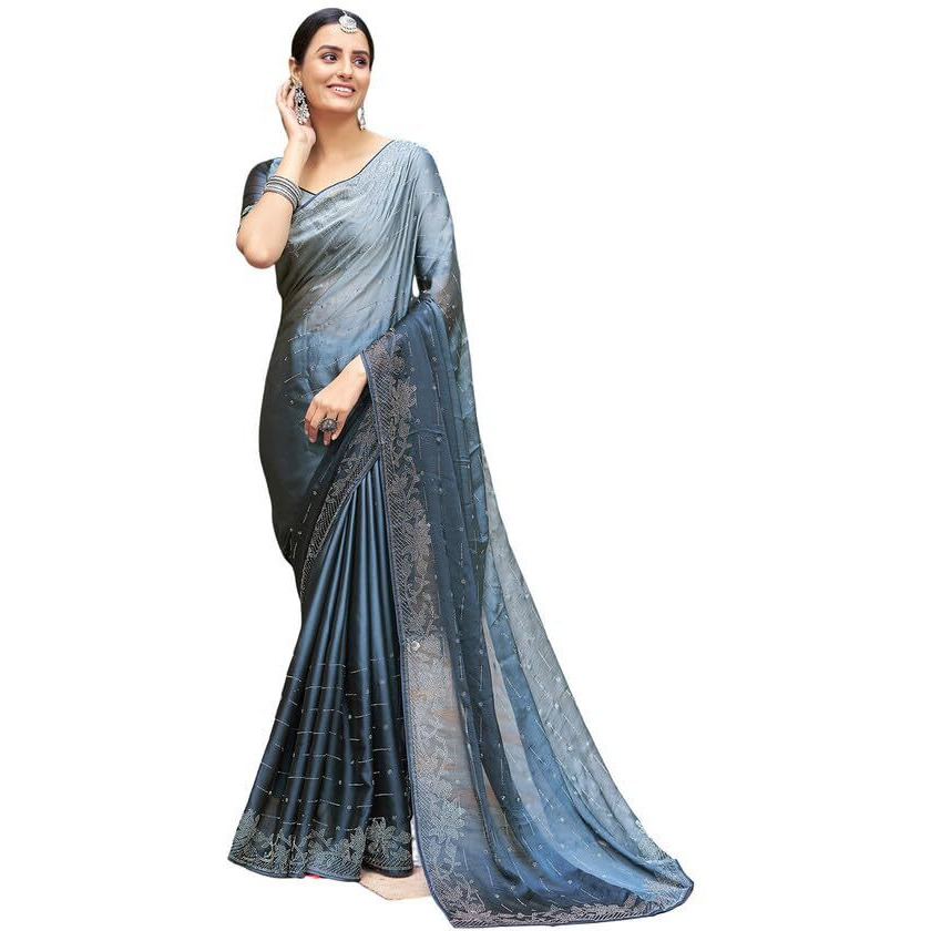 Satrani Womens Pure Georgette Saree (3430S277N Steel Grey)