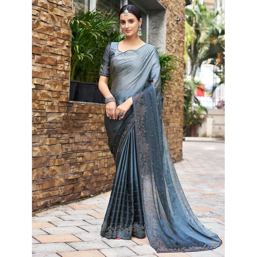 Satrani Womens Pure Georgette Saree (3430S277N Steel Grey)