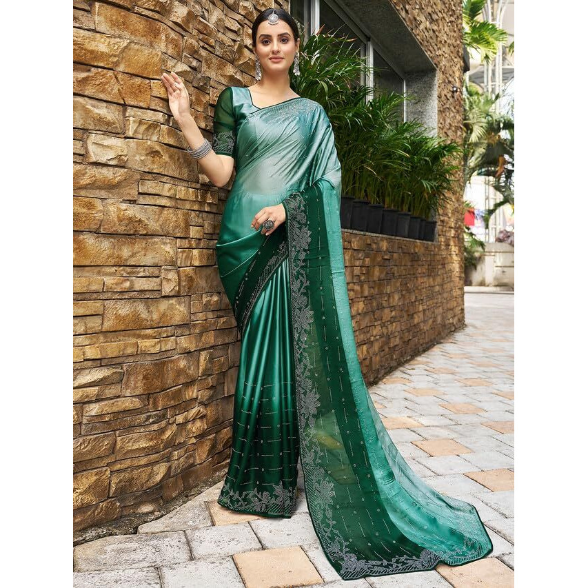 Satrani Womens Pure Georgette Saree (3430S279N_Dark Light Green)